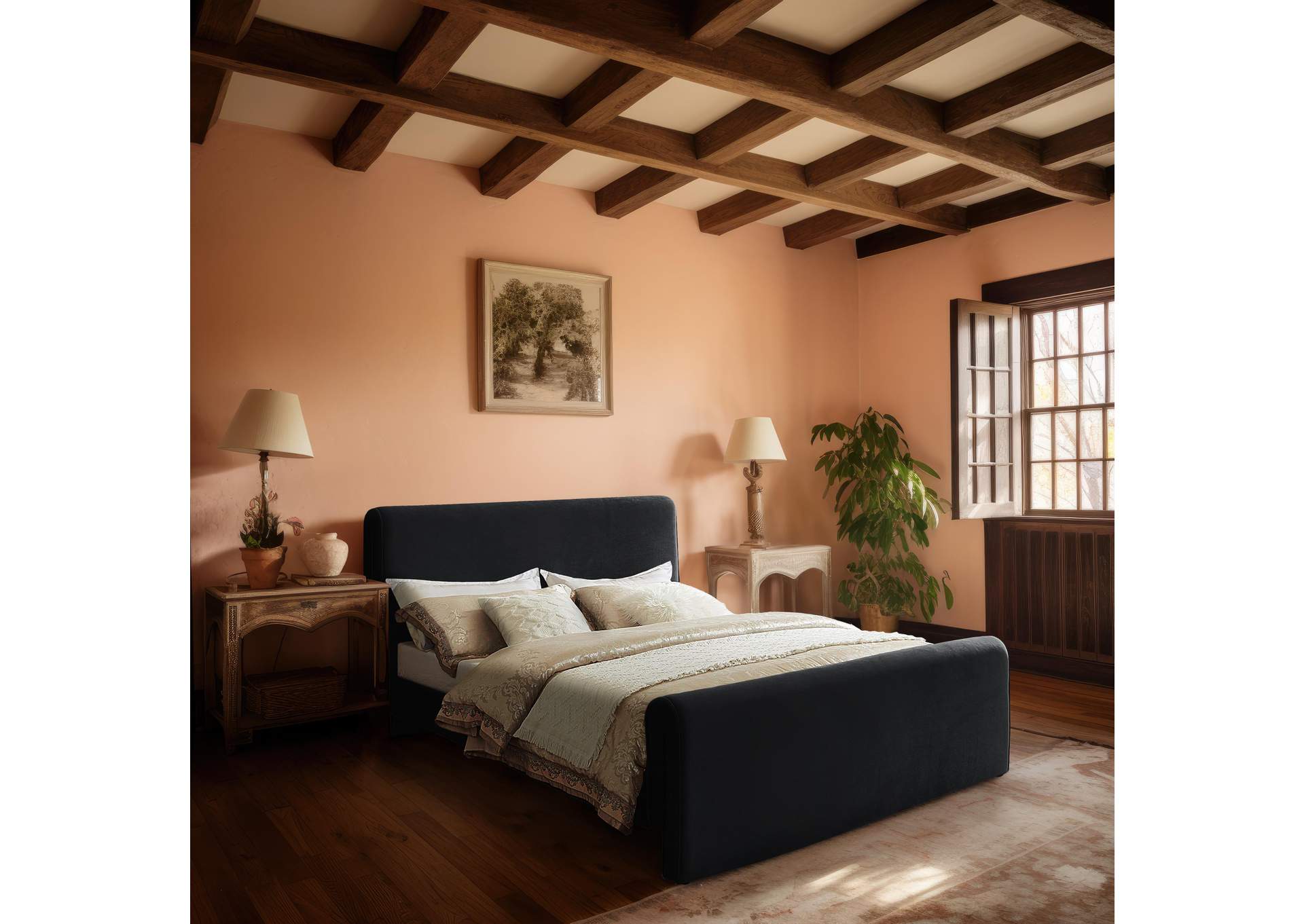 Sloan Black Velvet Queen Bed (3 Boxes),Meridian Furniture