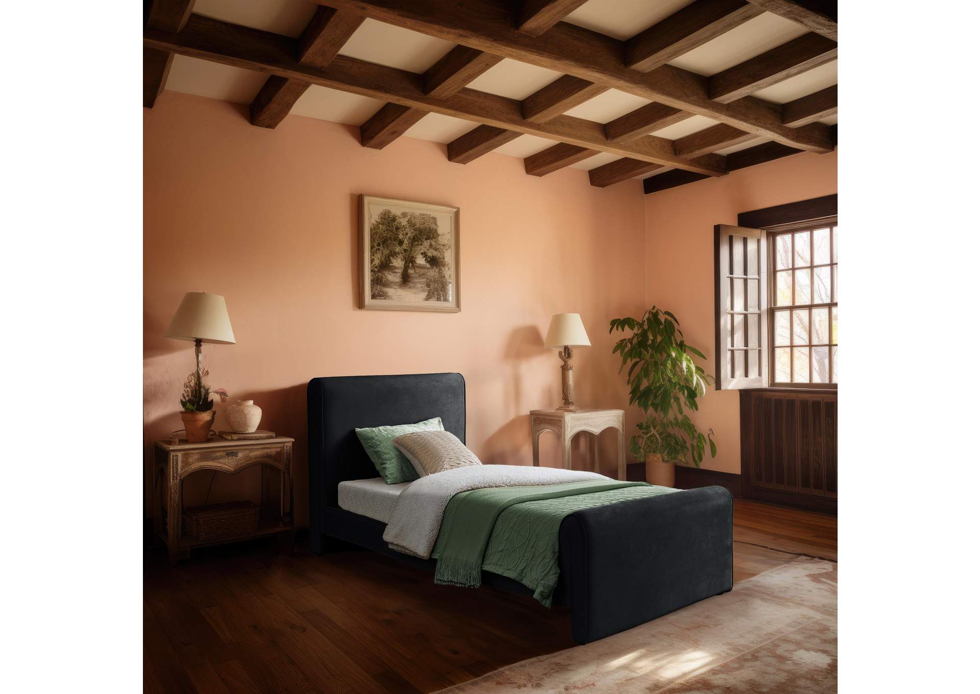 Sloan Black Velvet Twin Bed (3 Boxes),Meridian Furniture