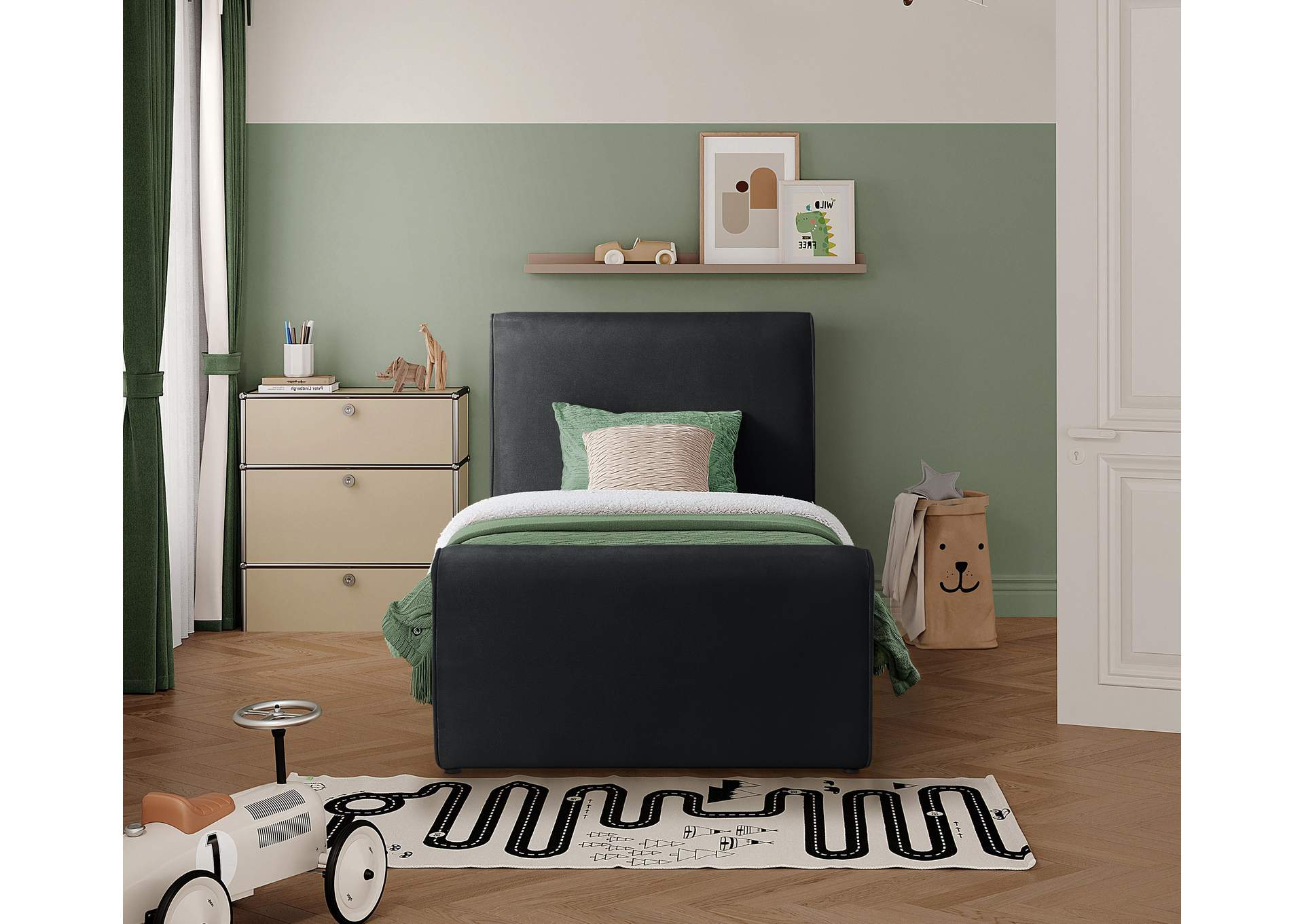 Sloan Black Velvet Twin Bed (3 Boxes),Meridian Furniture