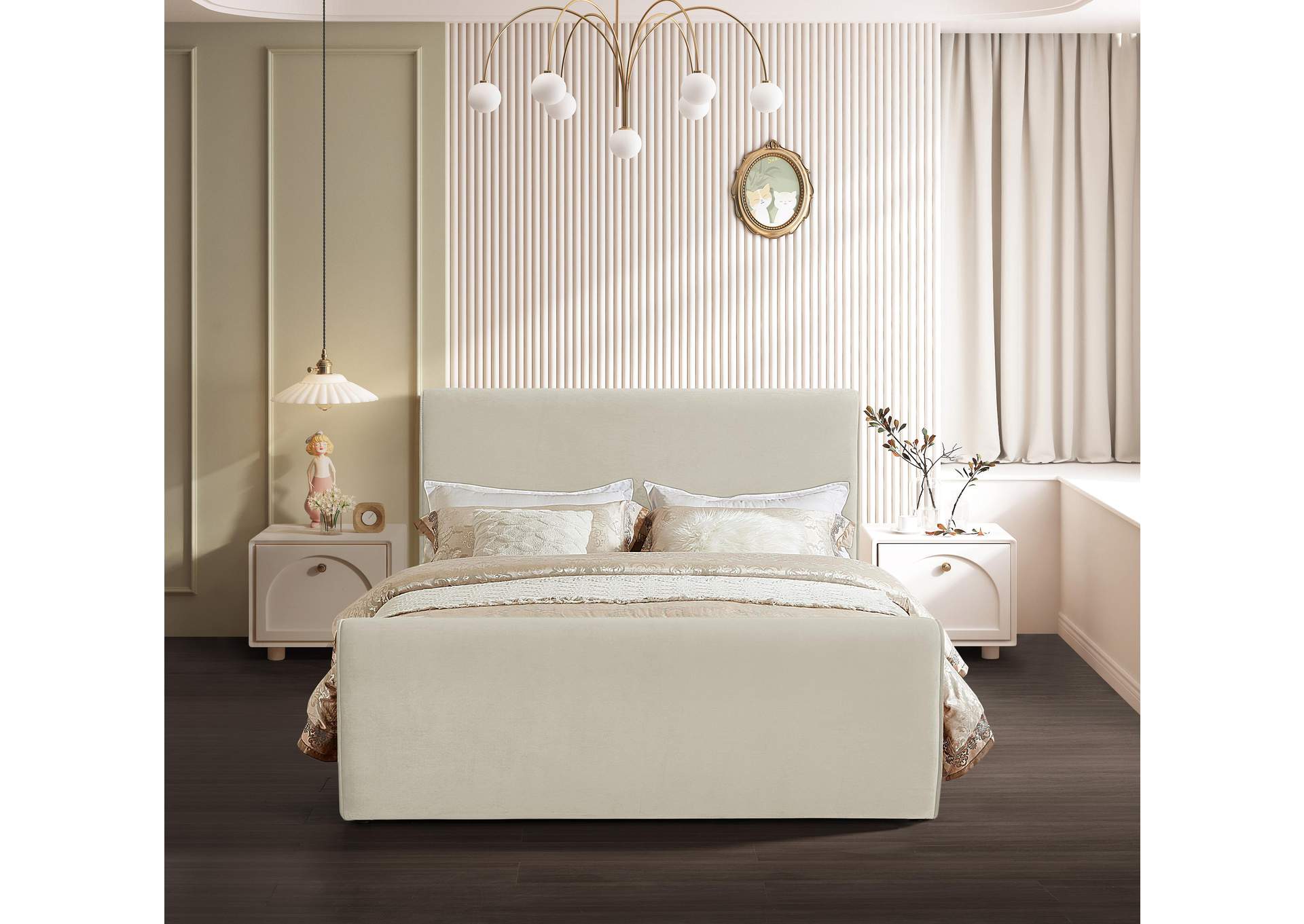 Sloan Cream Velvet Queen Bed (3 Boxes),Meridian Furniture
