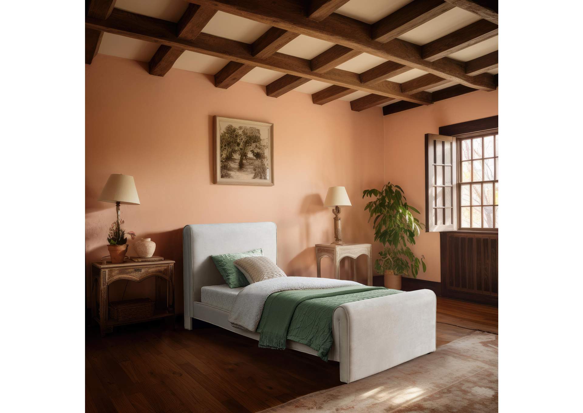 Sloan Cream Velvet Twin Bed (3 Boxes),Meridian Furniture