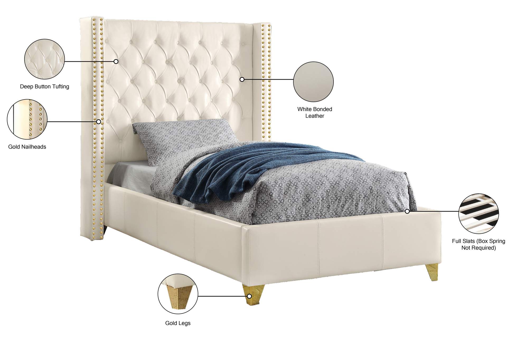 Soho White Faux Leather Twin Bed,Meridian Furniture