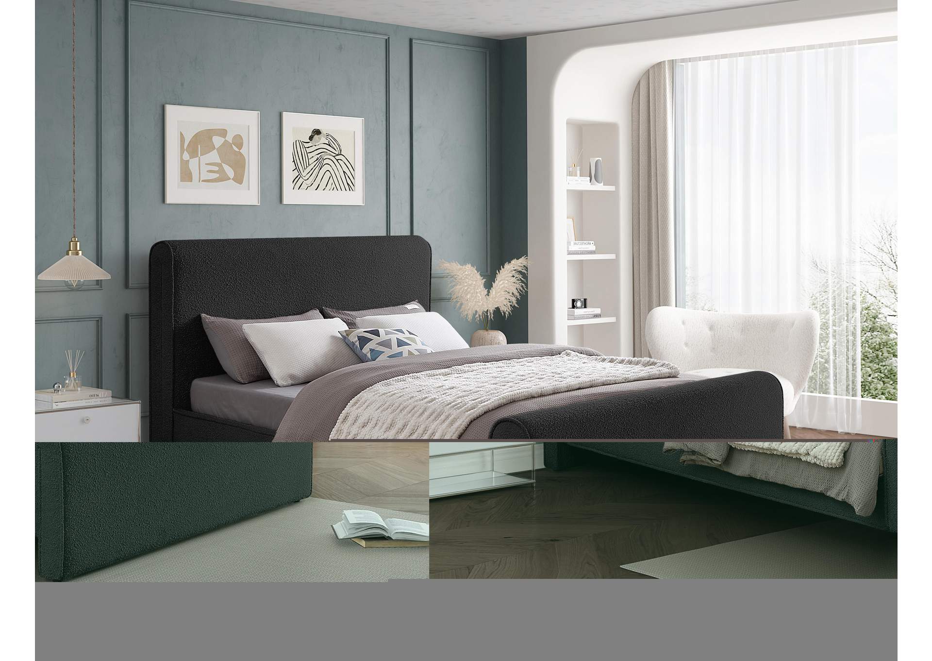 Stylus Black Boucle Fabric Full Bed (3 Boxes),Meridian Furniture