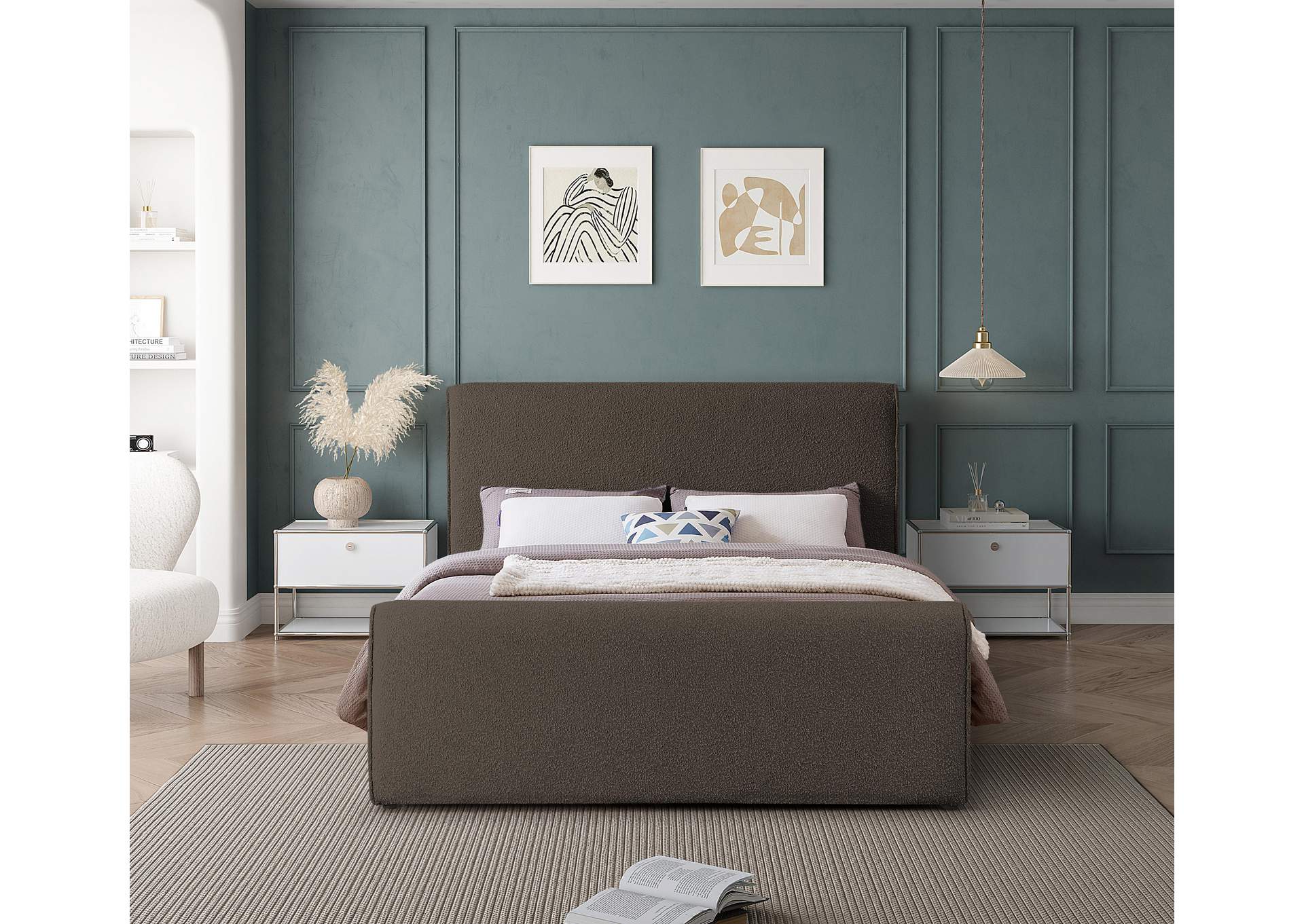 Stylus Brown Boucle Fabric Queen Bed (3 Boxes),Meridian Furniture