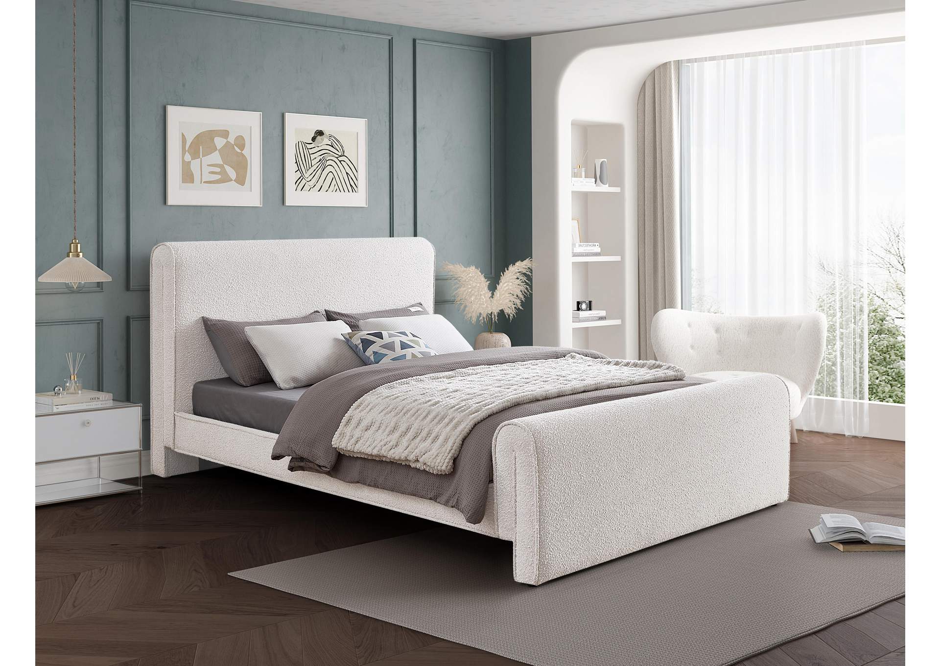 Stylus Cream Boucle Fabric Full Bed (3 Boxes),Meridian Furniture