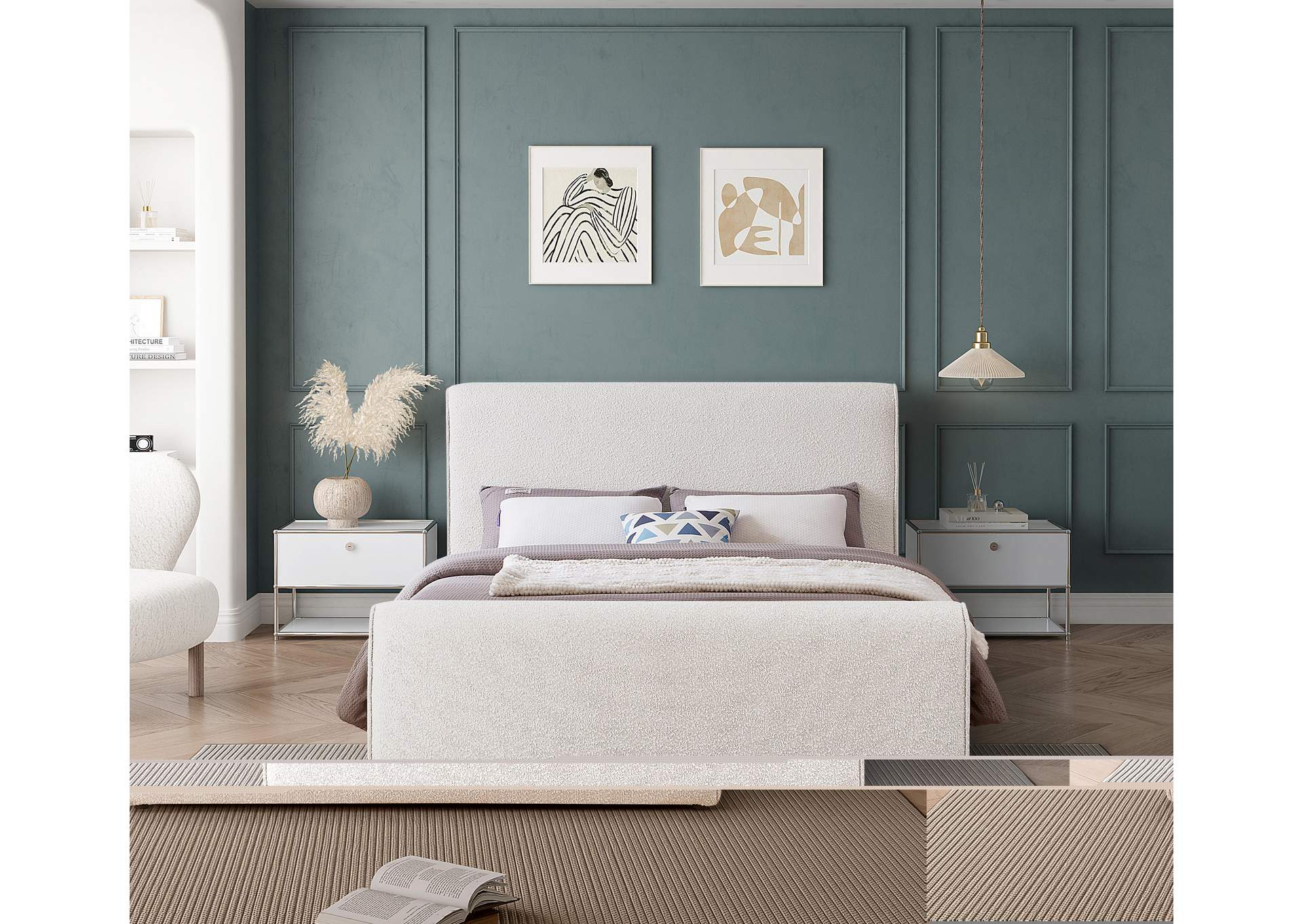 Stylus Cream Boucle Fabric Queen Bed (3 Boxes),Meridian Furniture