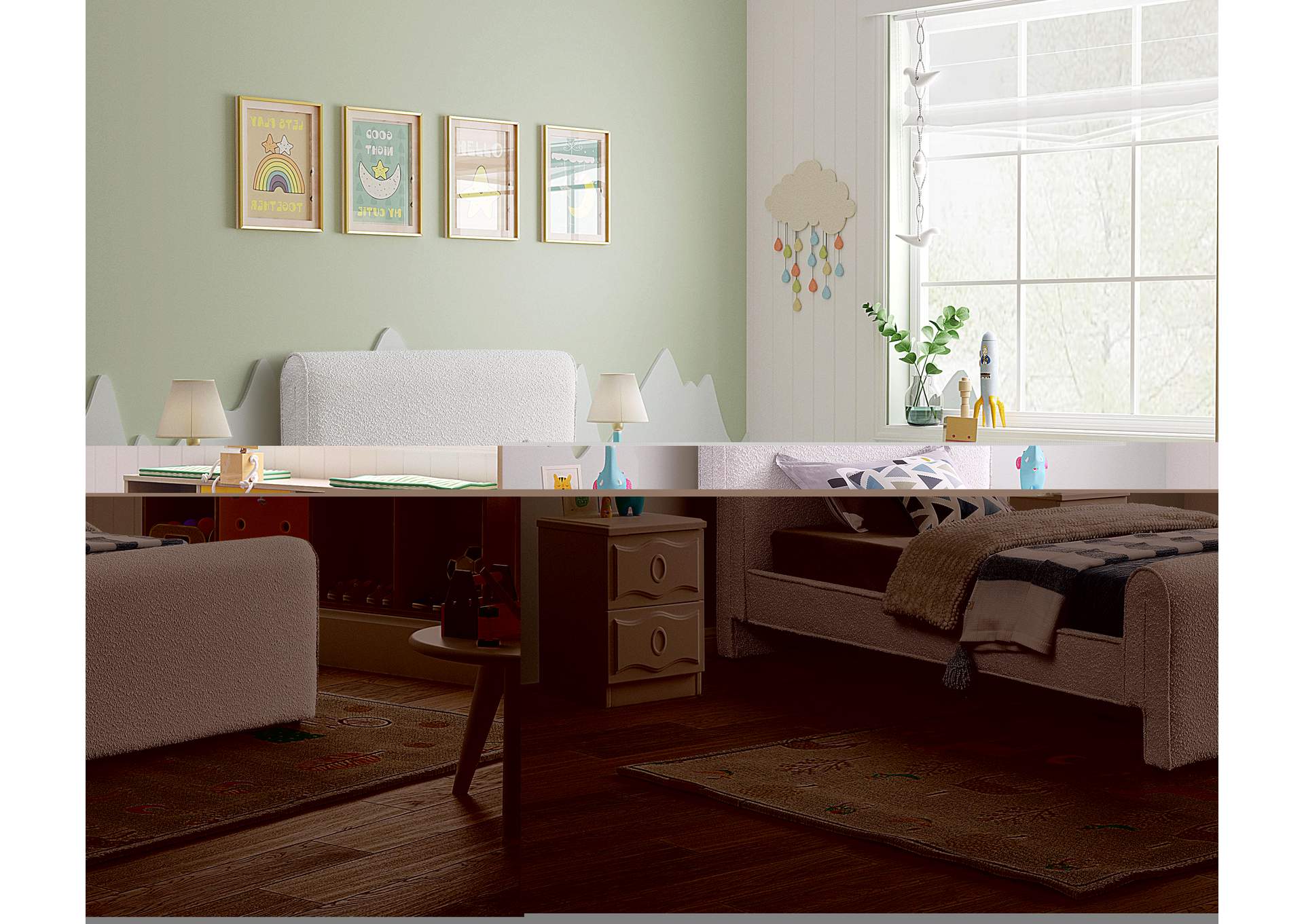 Stylus Cream Boucle Fabric Twin Bed (3 Boxes),Meridian Furniture