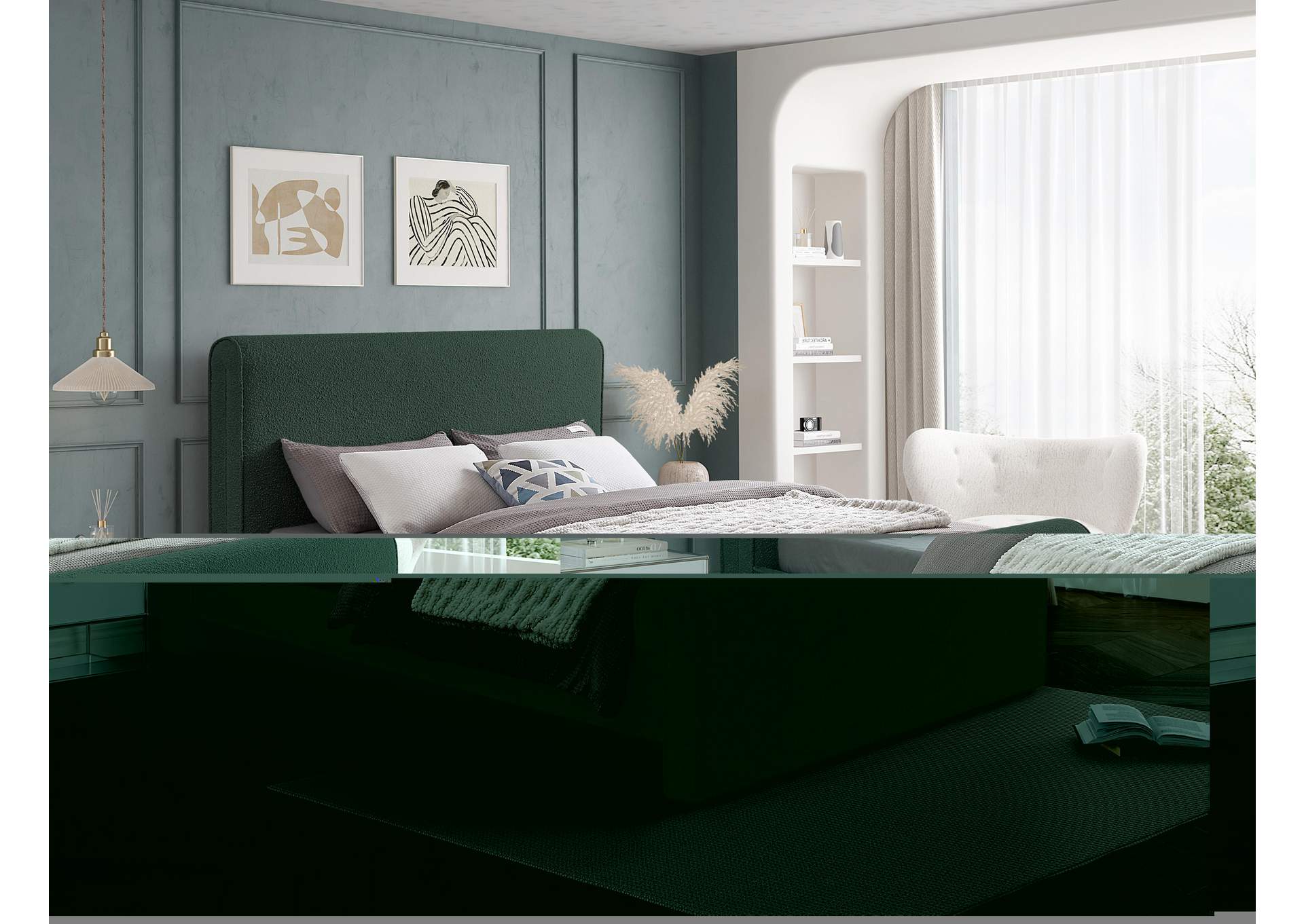 Stylus Green Boucle Fabric Full Bed (3 Boxes),Meridian Furniture
