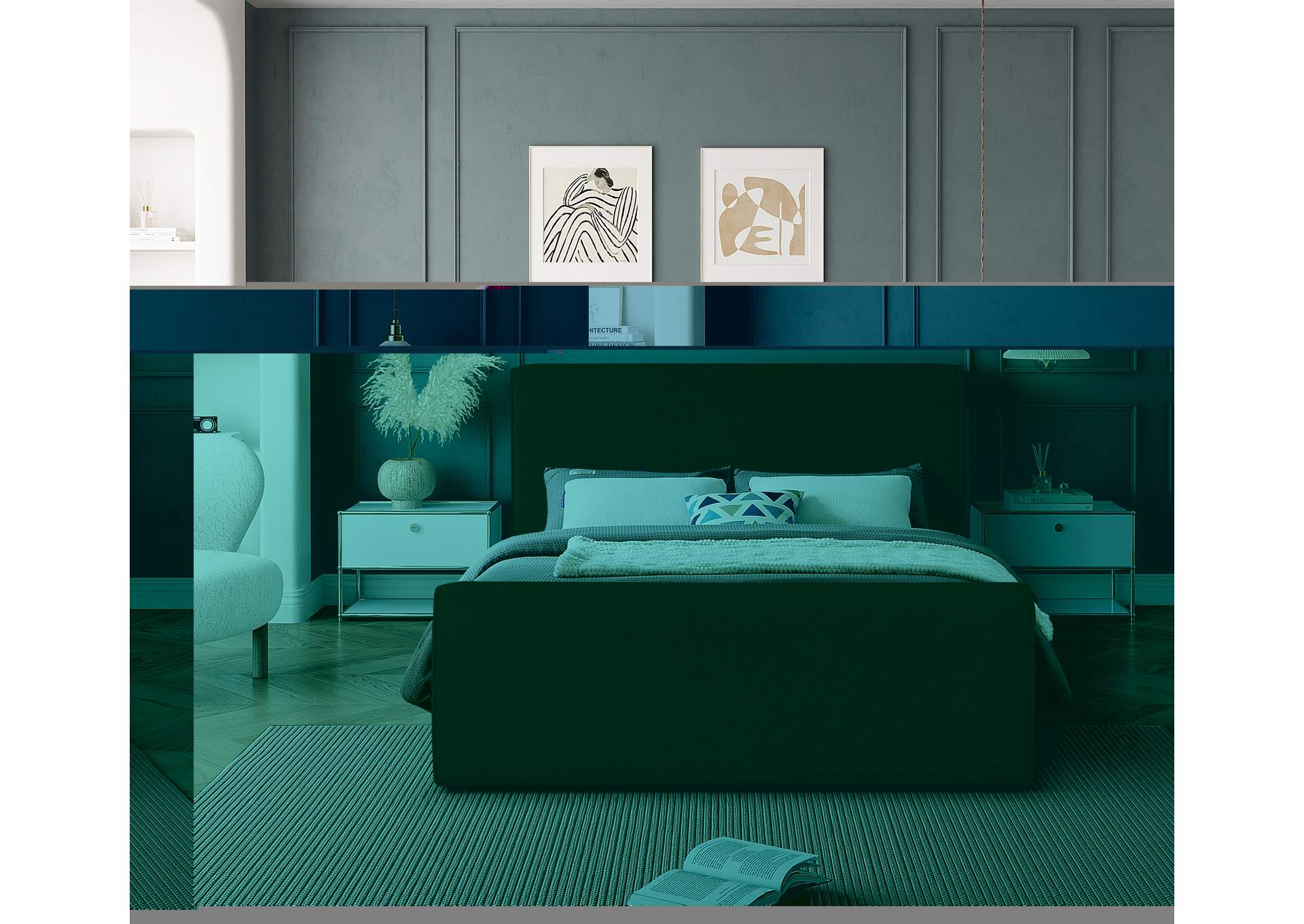 Stylus Green Boucle Fabric Full Bed (3 Boxes),Meridian Furniture