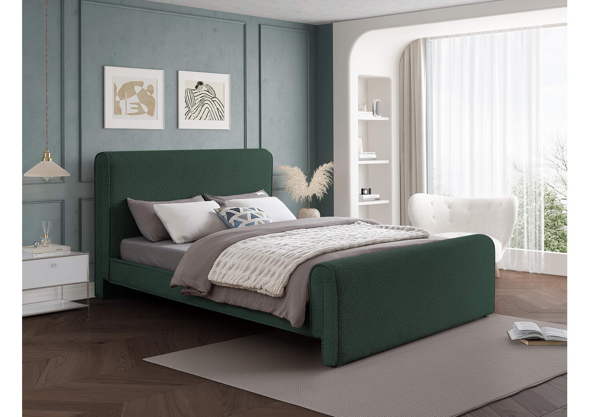 Stylus Green Boucle Fabric King Bed (3 Boxes),Meridian Furniture