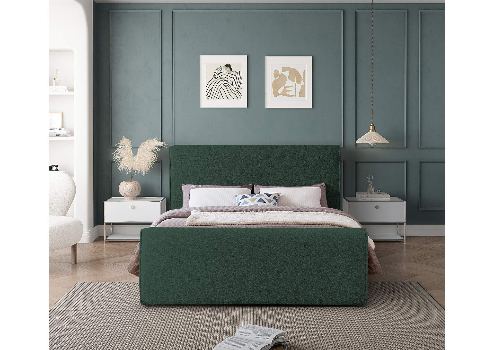Stylus Green Boucle Fabric King Bed (3 Boxes),Meridian Furniture