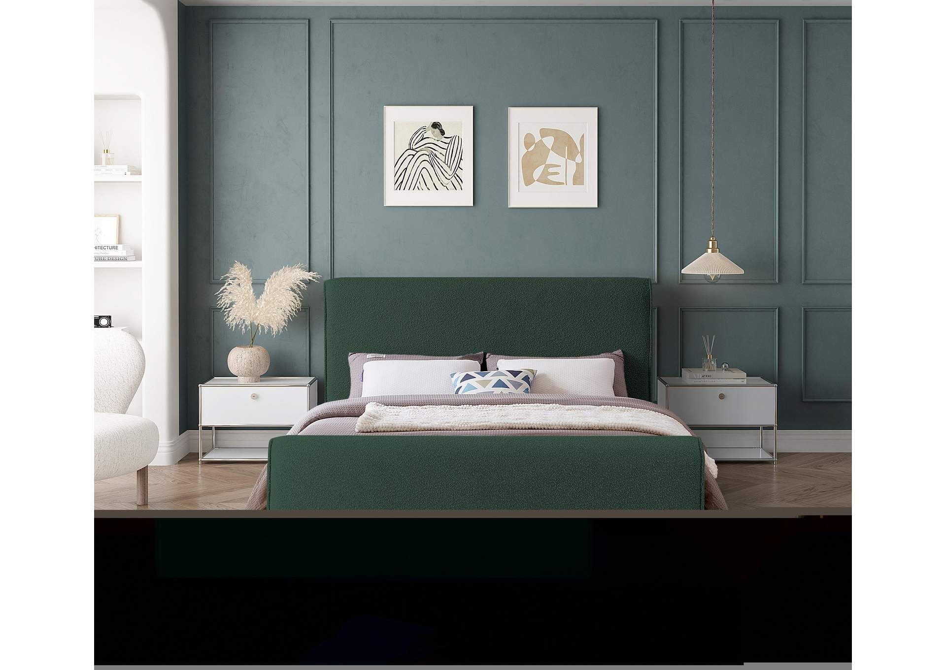 Stylus Green Boucle Fabric Queen Bed (3 Boxes),Meridian Furniture