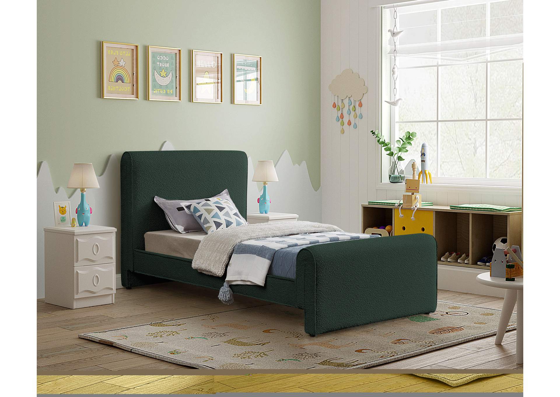 Stylus Green Boucle Fabric Twin Bed (3 Boxes),Meridian Furniture