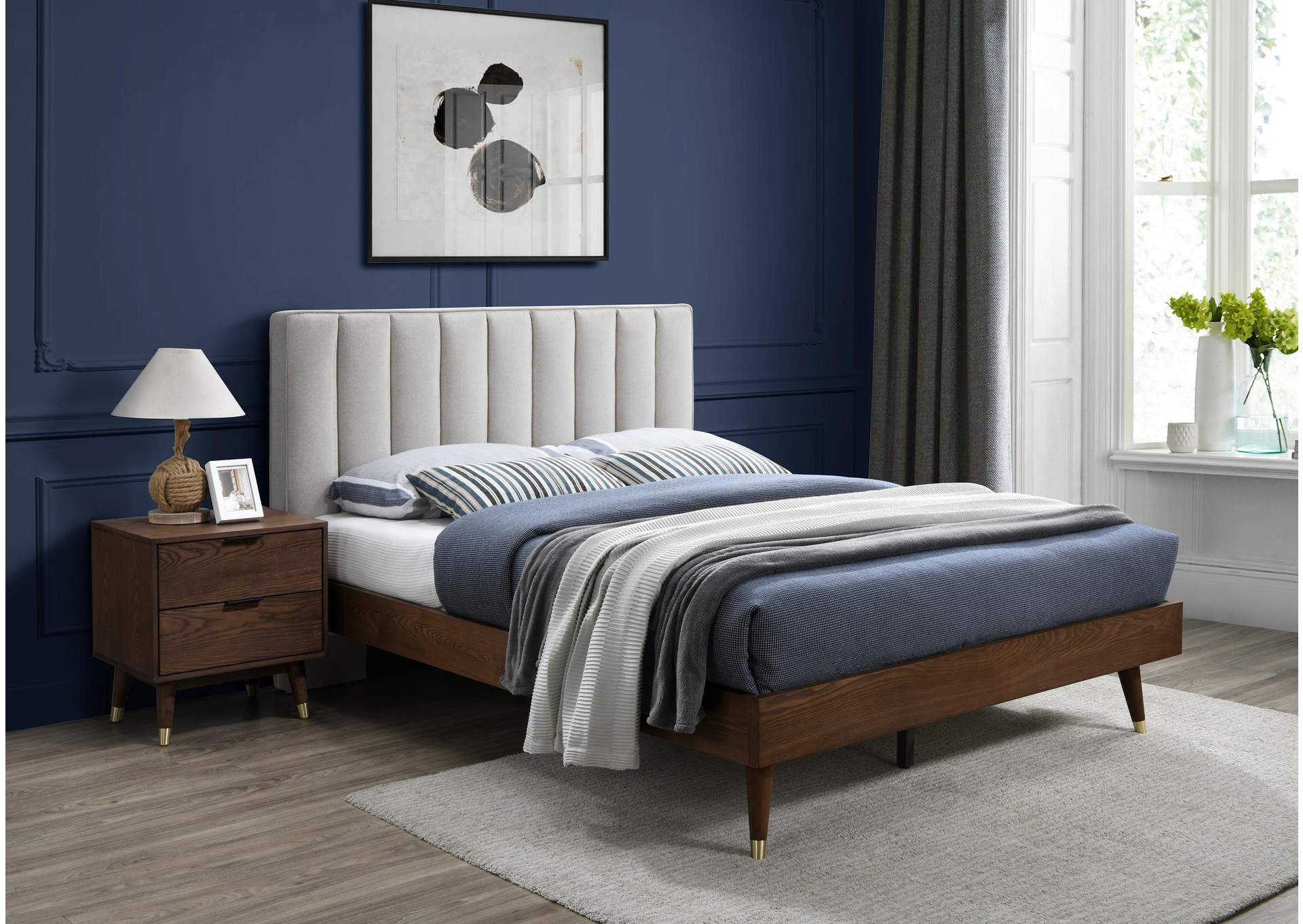 Vance Beige Linen Textured Fabric Queen Bed (3 Boxes),Meridian Furniture