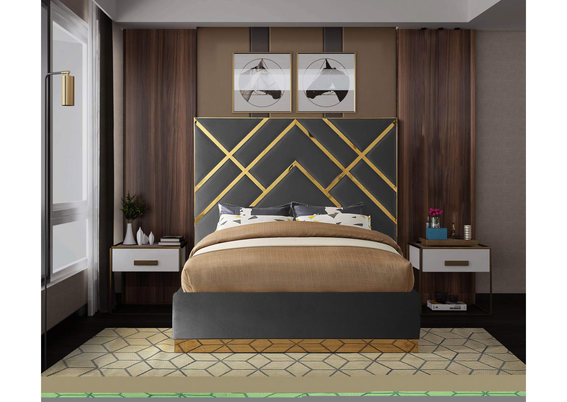 Vector Grey Velvet Queen Bed,Meridian Furniture