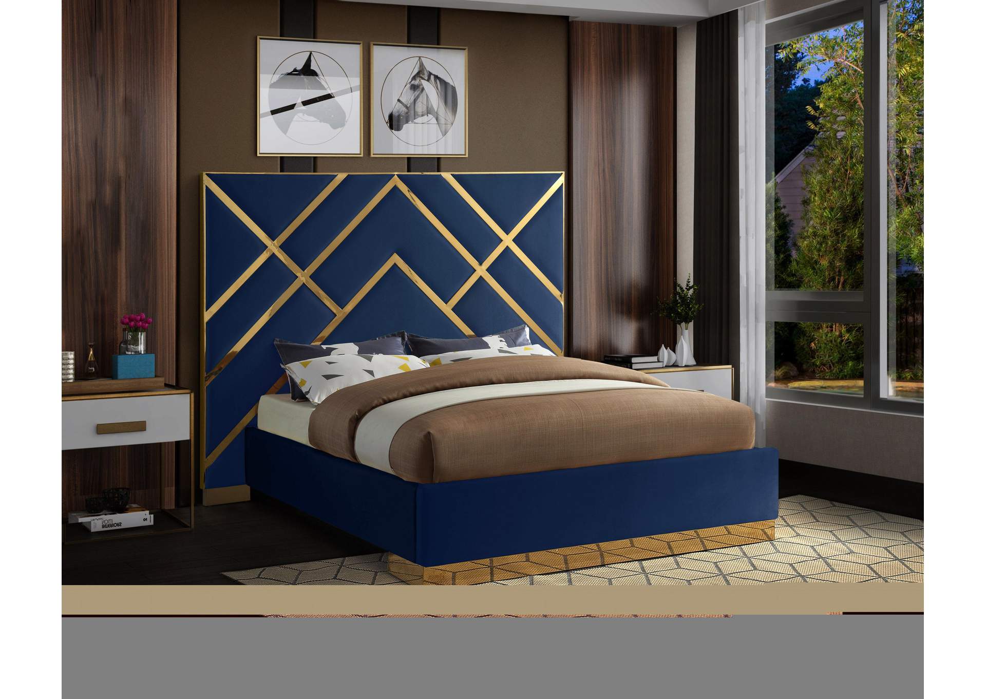 Vector Navy Velvet Queen Bed,Meridian Furniture