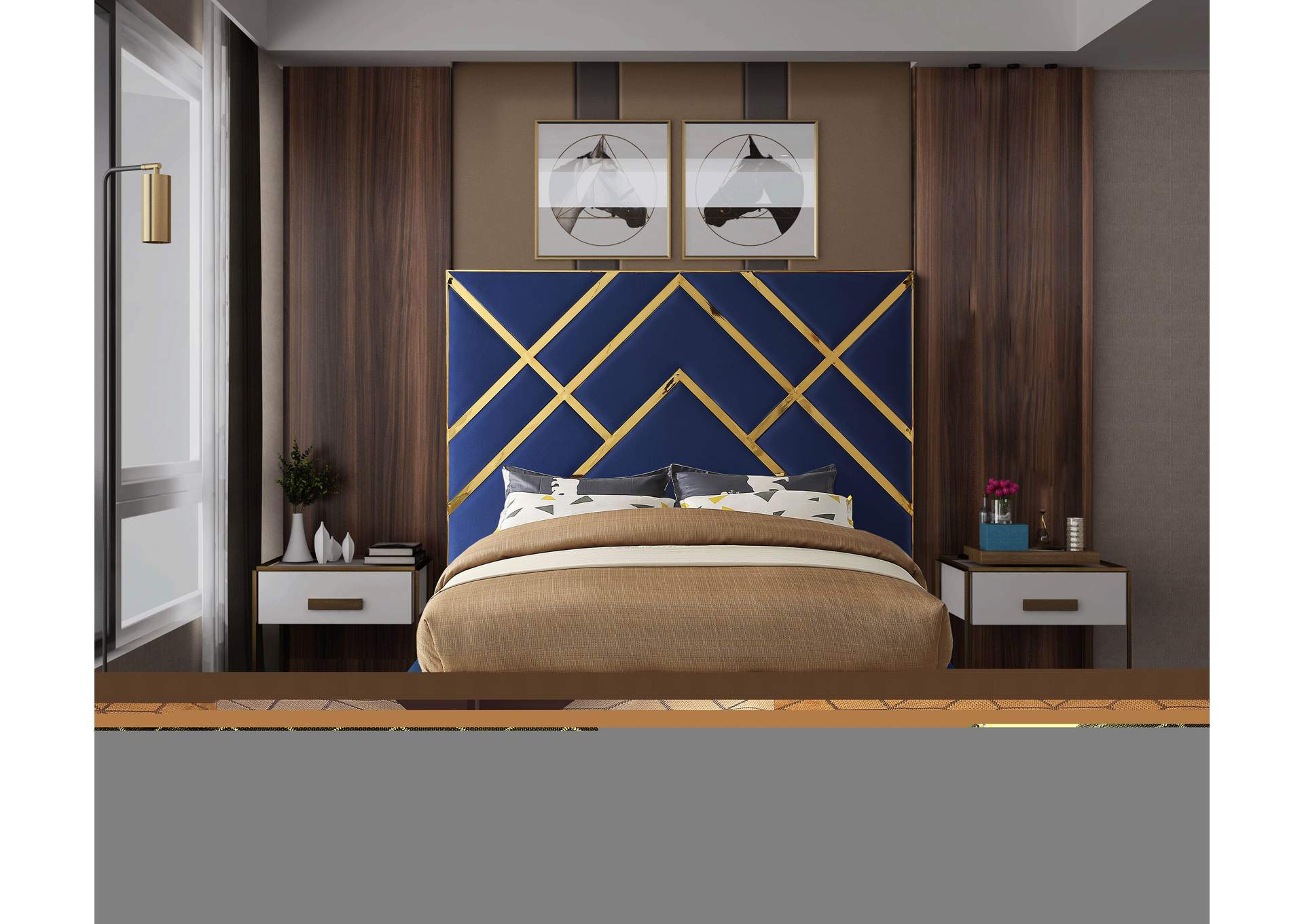 Vector Navy Velvet Queen Bed,Meridian Furniture