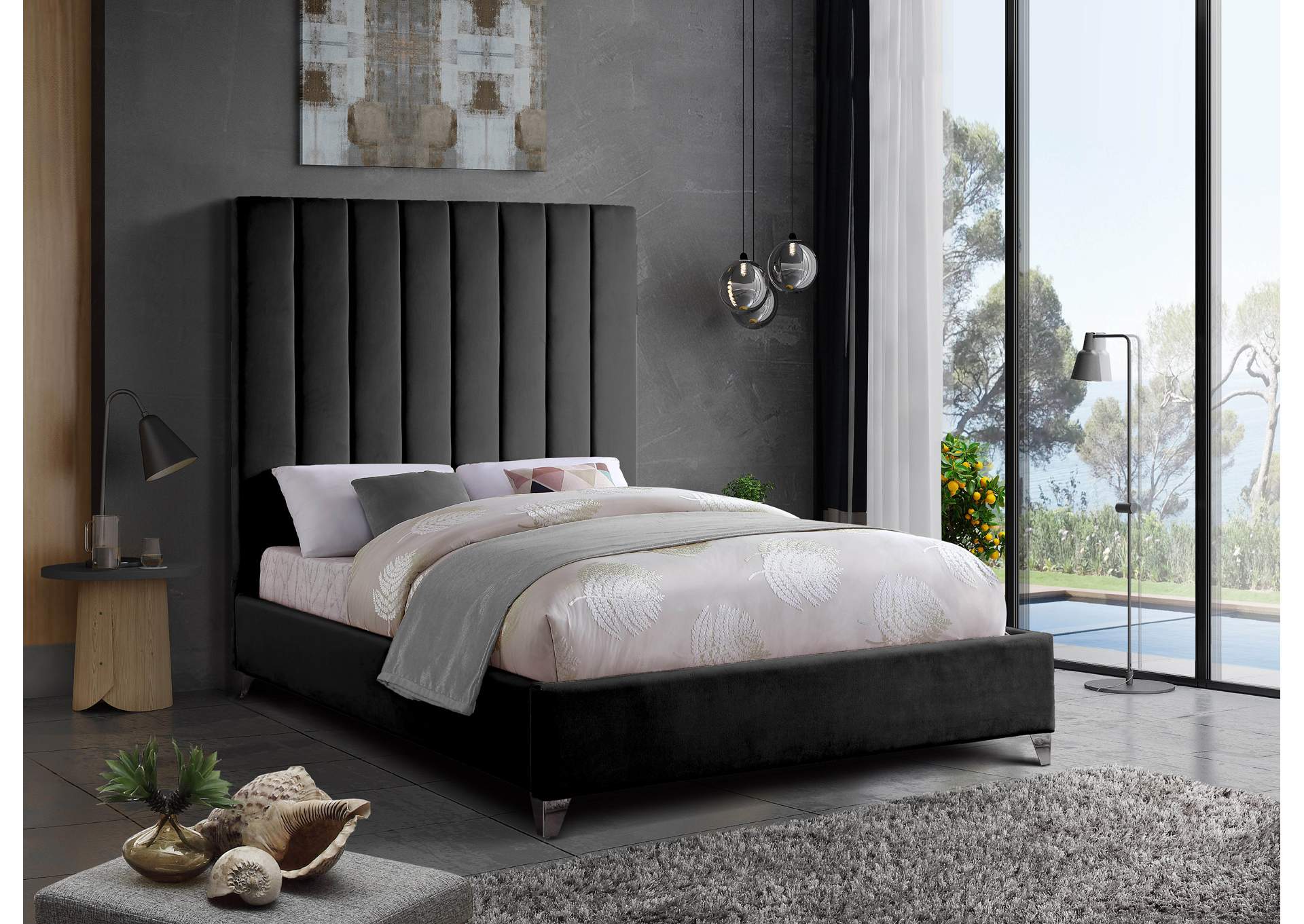 Via Black Velvet Queen Bed,Meridian Furniture