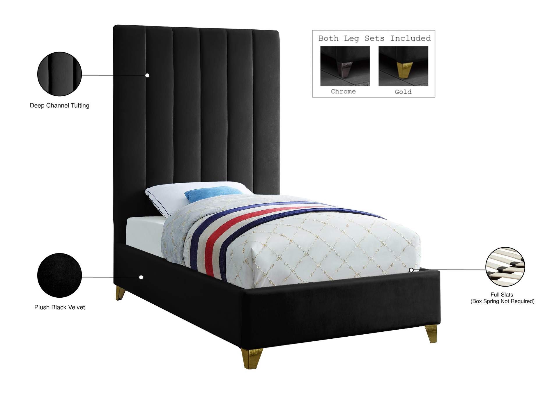 Via Black Velvet Twin Bed,Meridian Furniture