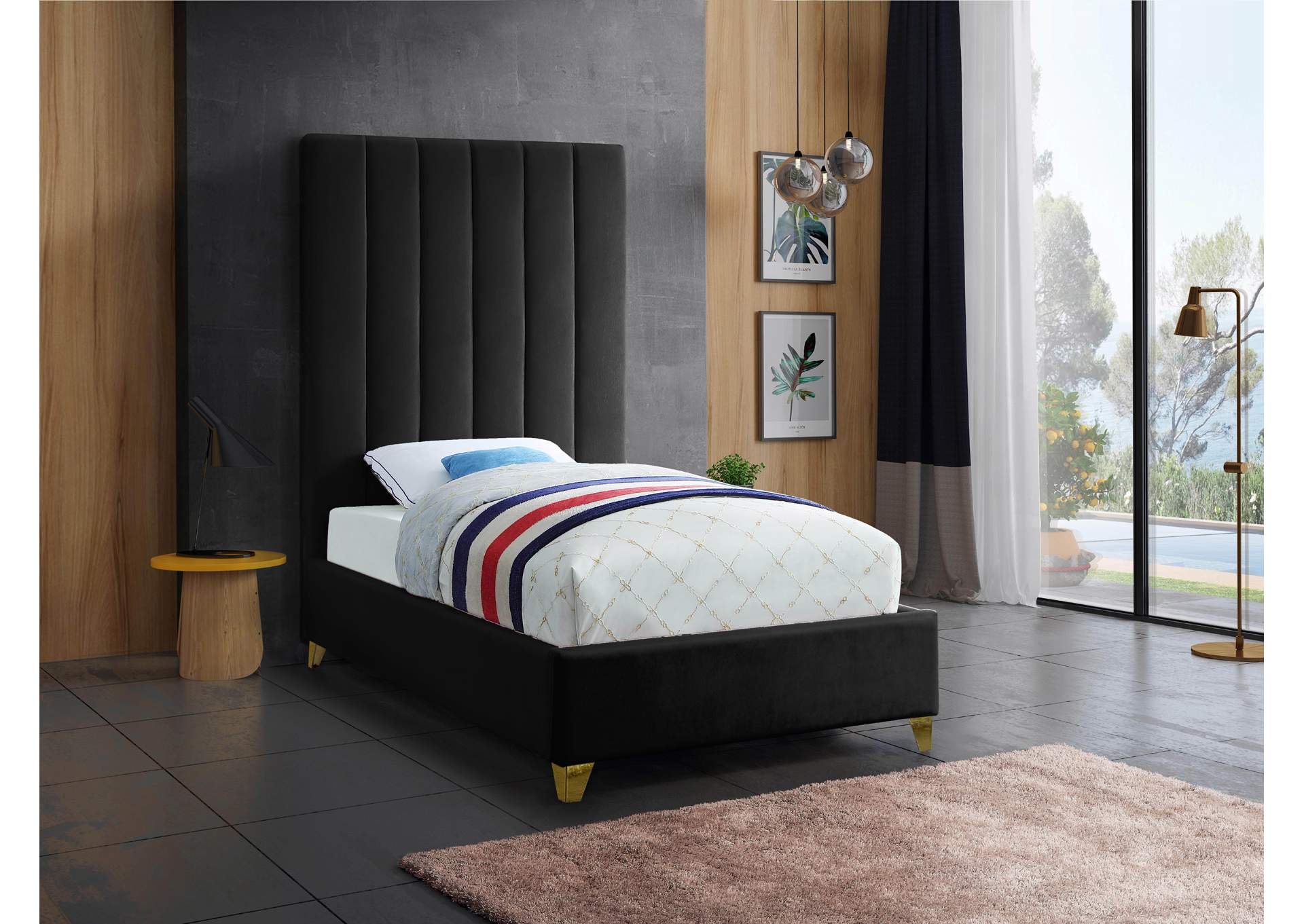 Via Black Velvet Twin Bed,Meridian Furniture