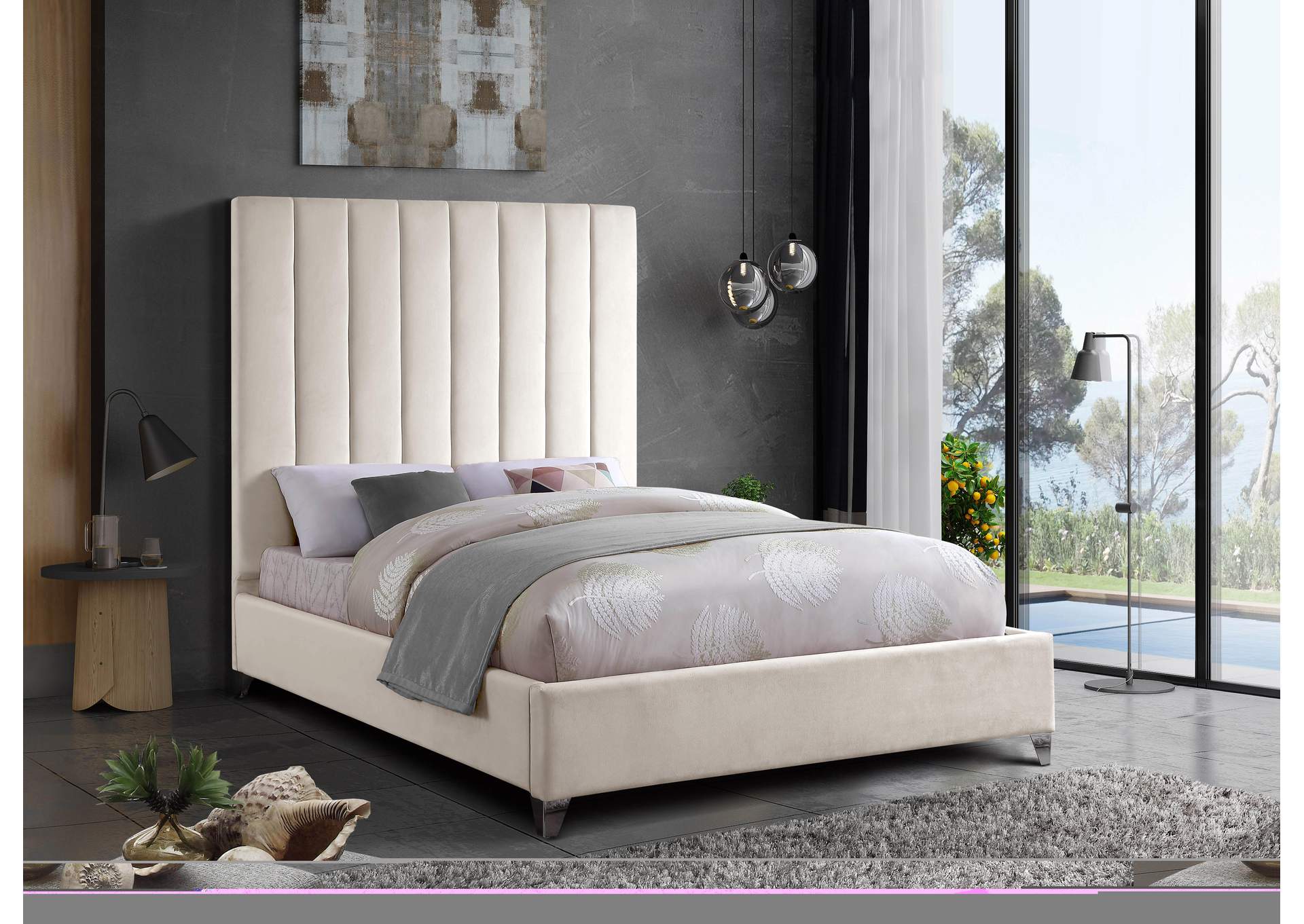 Via Cream Velvet Queen Bed,Meridian Furniture
