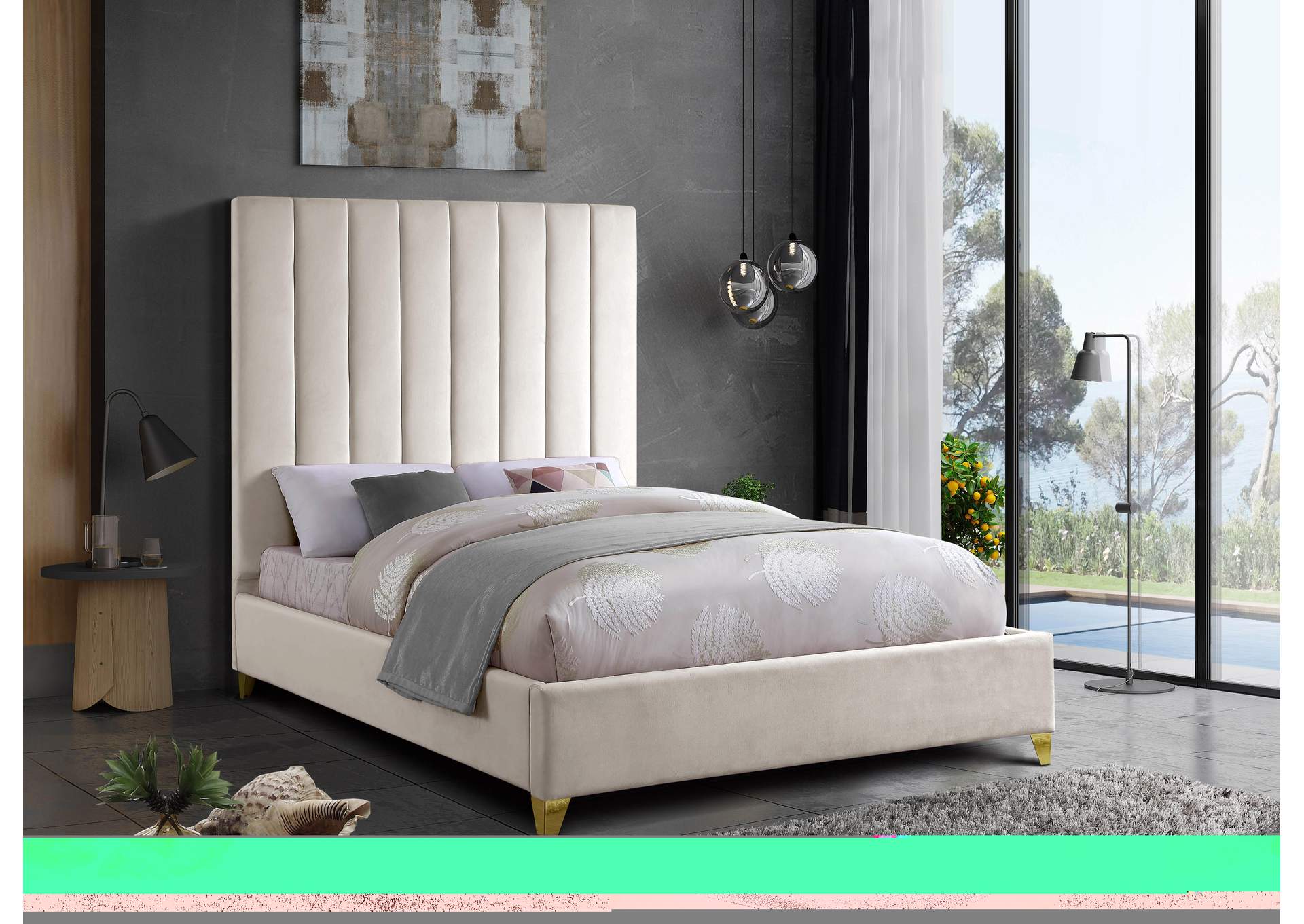 Via Cream Velvet Queen Bed,Meridian Furniture