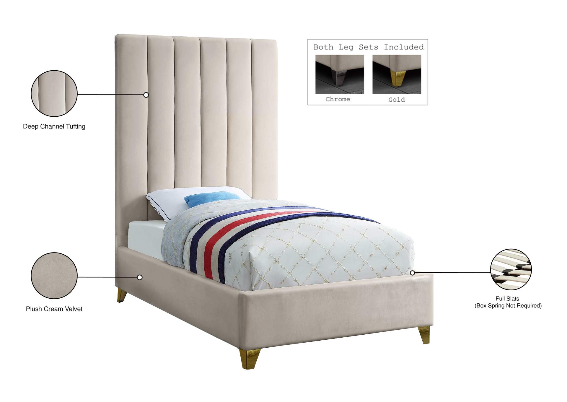 Via Cream Velvet Twin Bed,Meridian Furniture