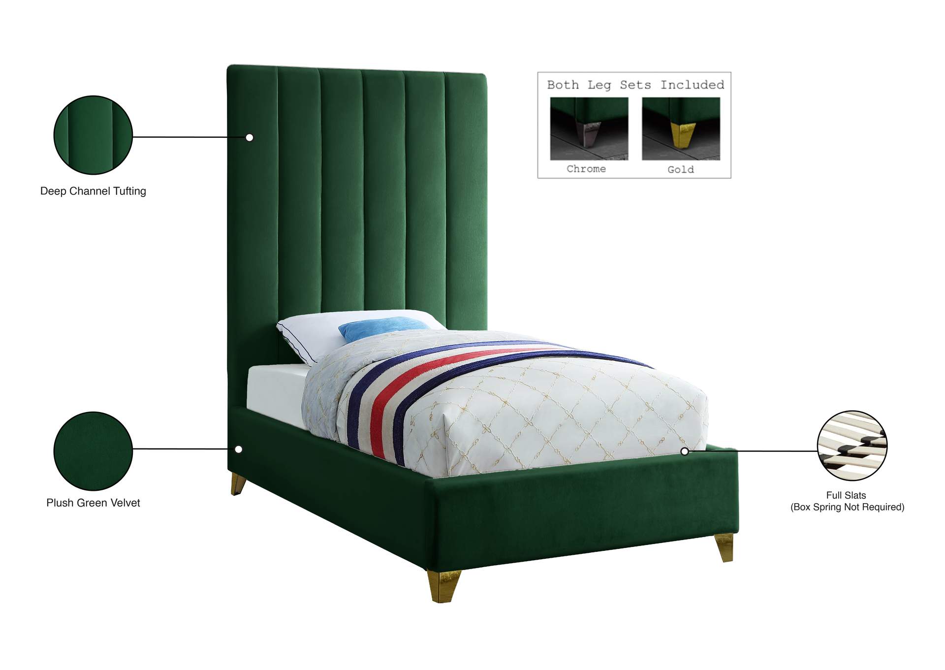 Via Green Velvet Twin Bed,Meridian Furniture