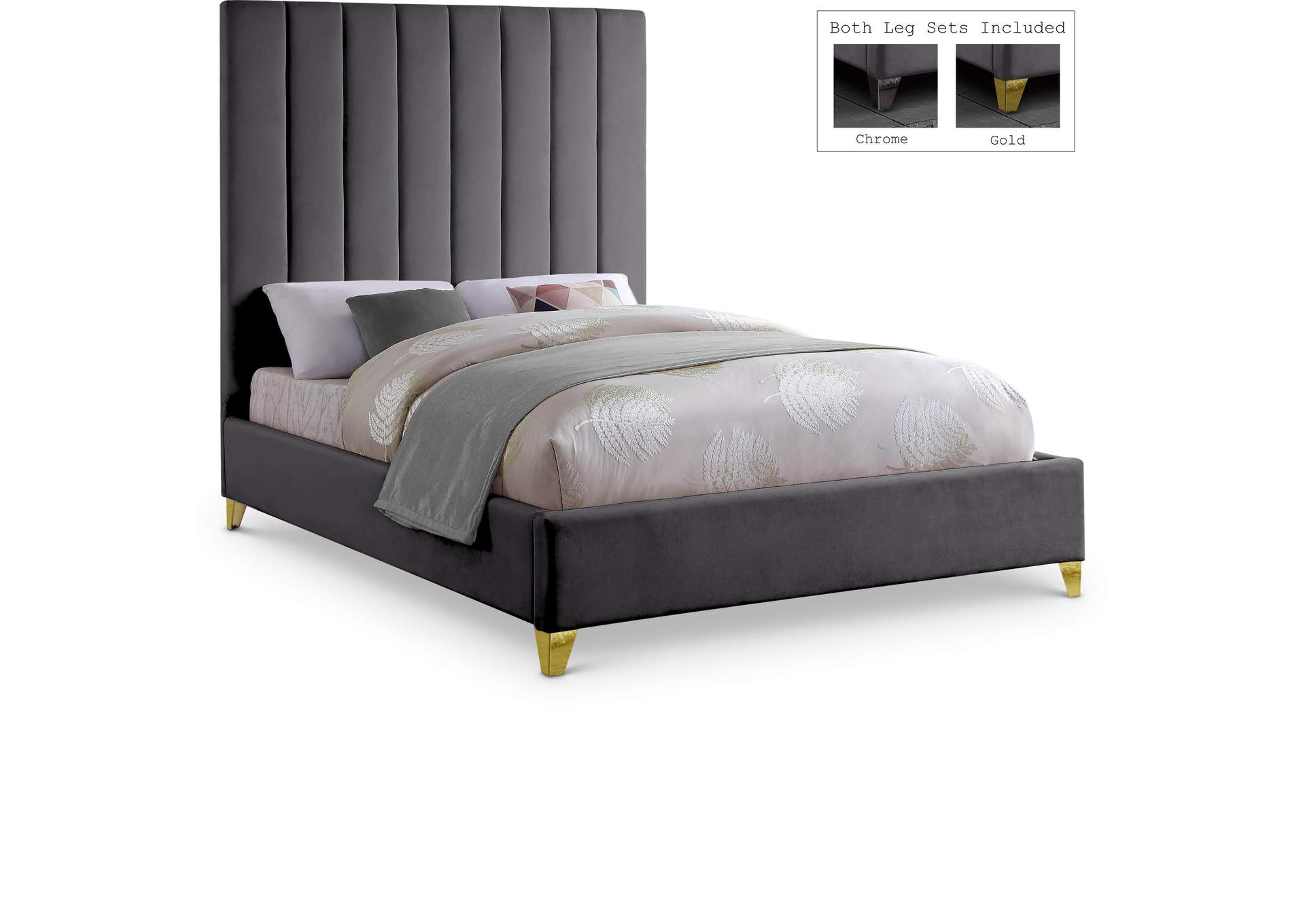Via Grey Velvet Queen Bed,Meridian Furniture