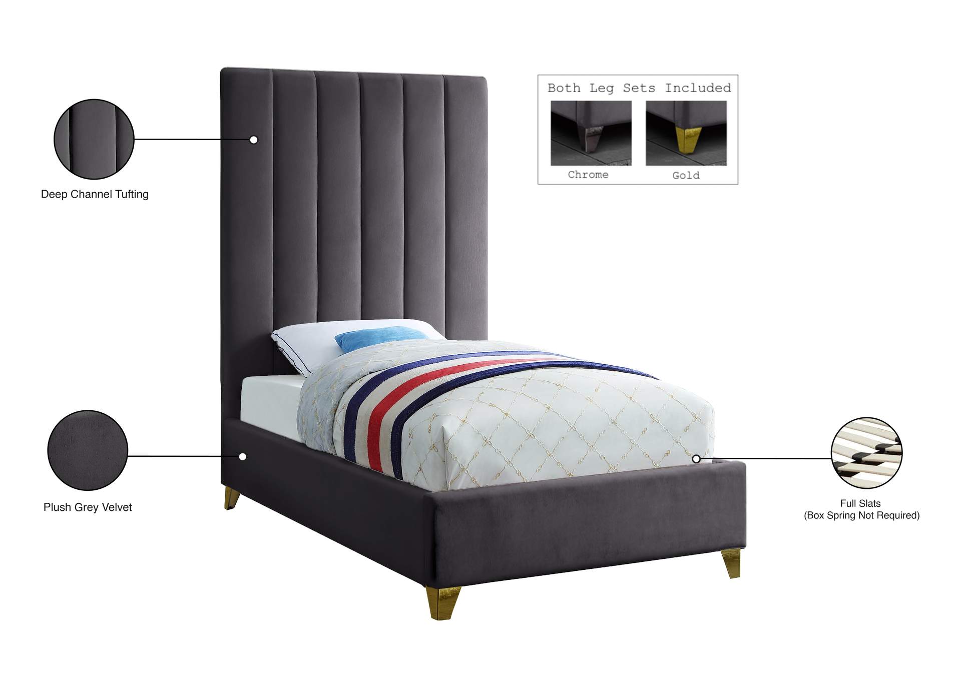 Via Grey Velvet Twin Bed,Meridian Furniture