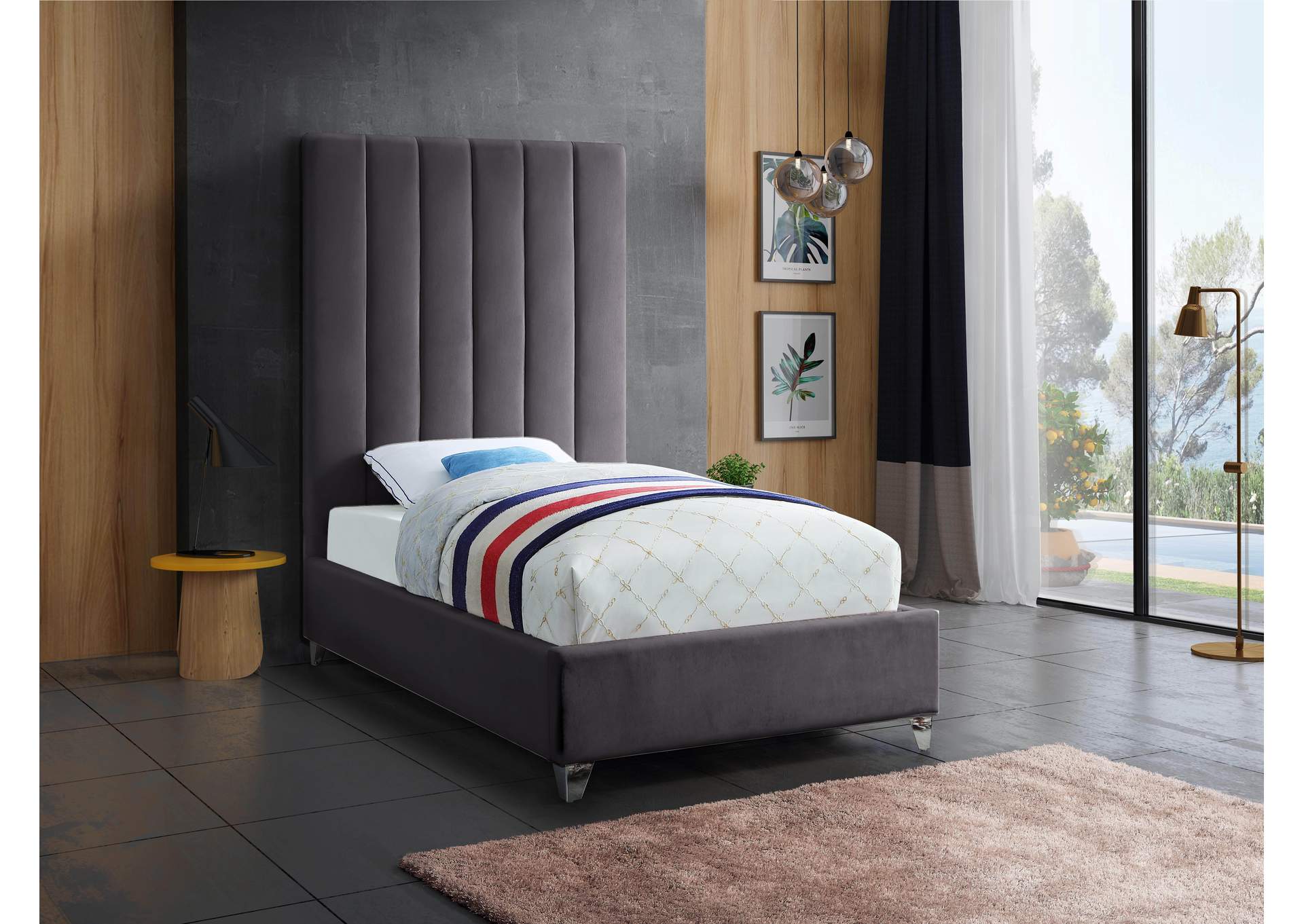 Via Grey Velvet Twin Bed,Meridian Furniture