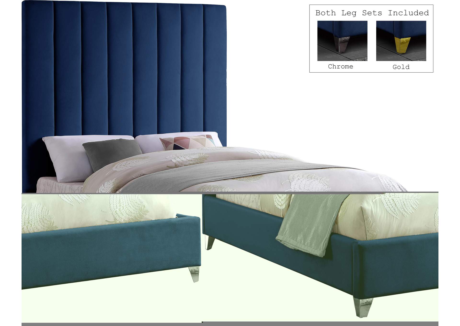 Via Navy Velvet Queen Bed,Meridian Furniture