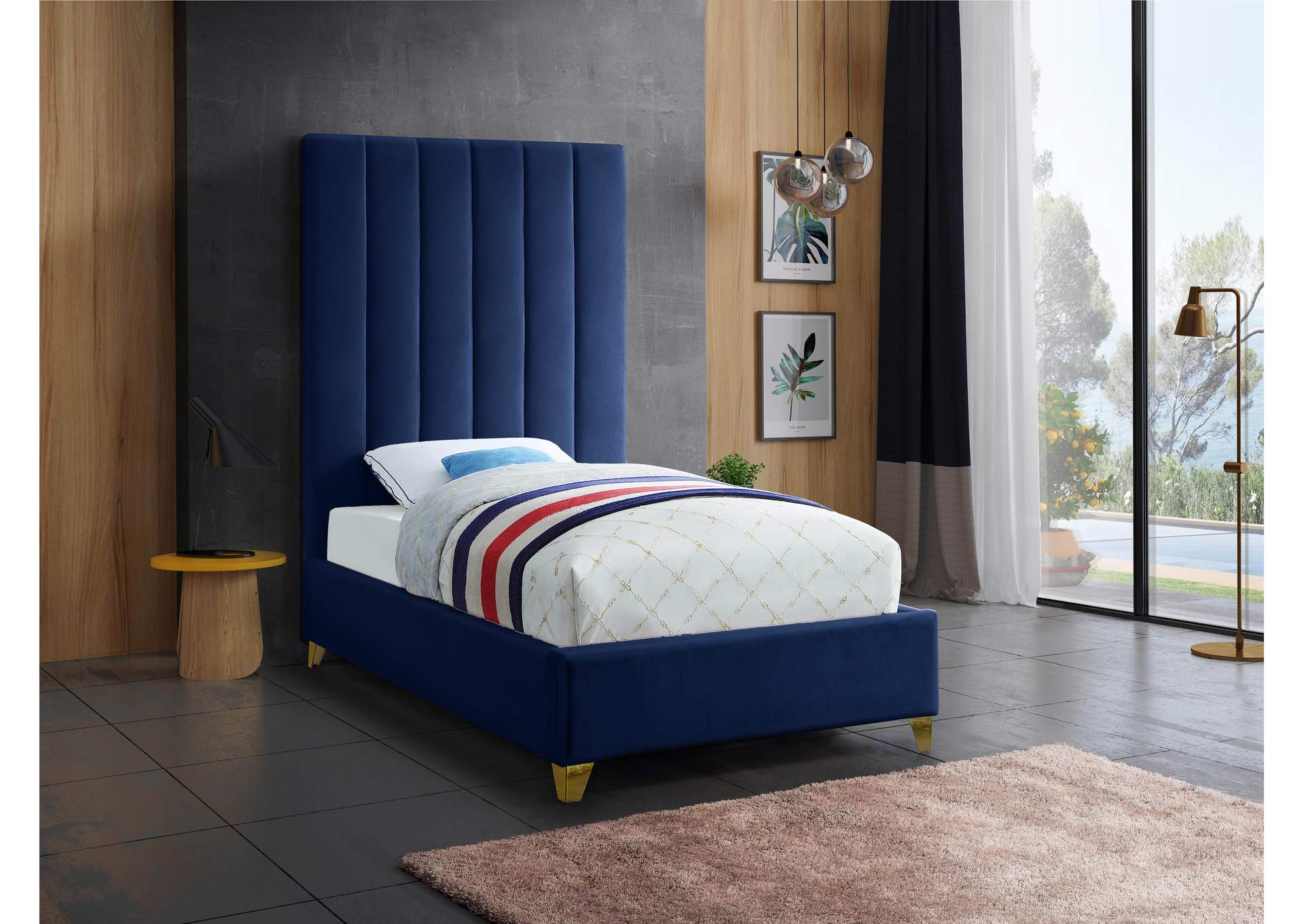 Via Navy Velvet Twin Bed,Meridian Furniture