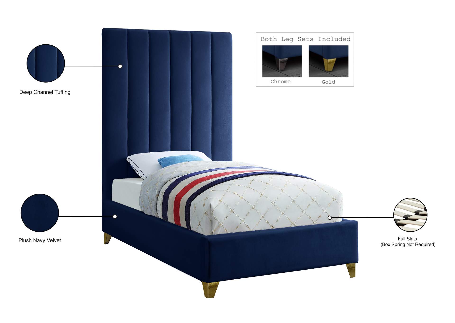 Via Navy Velvet Twin Bed,Meridian Furniture