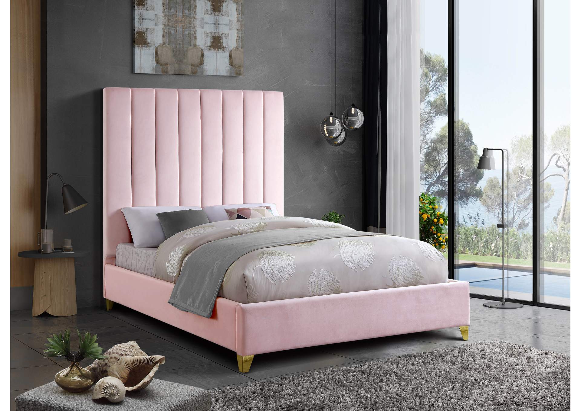 Via Pink Velvet Full Bed,Meridian Furniture