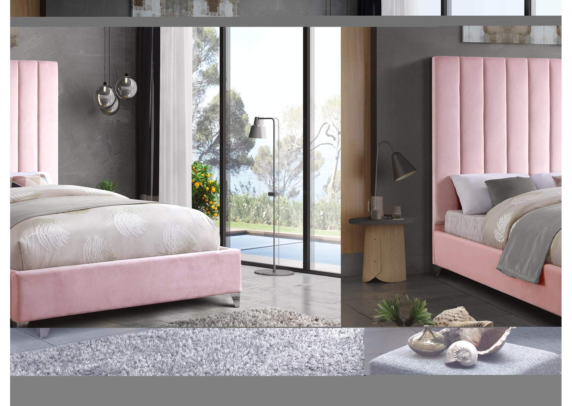 Via Pink Velvet King Bed,Meridian Furniture