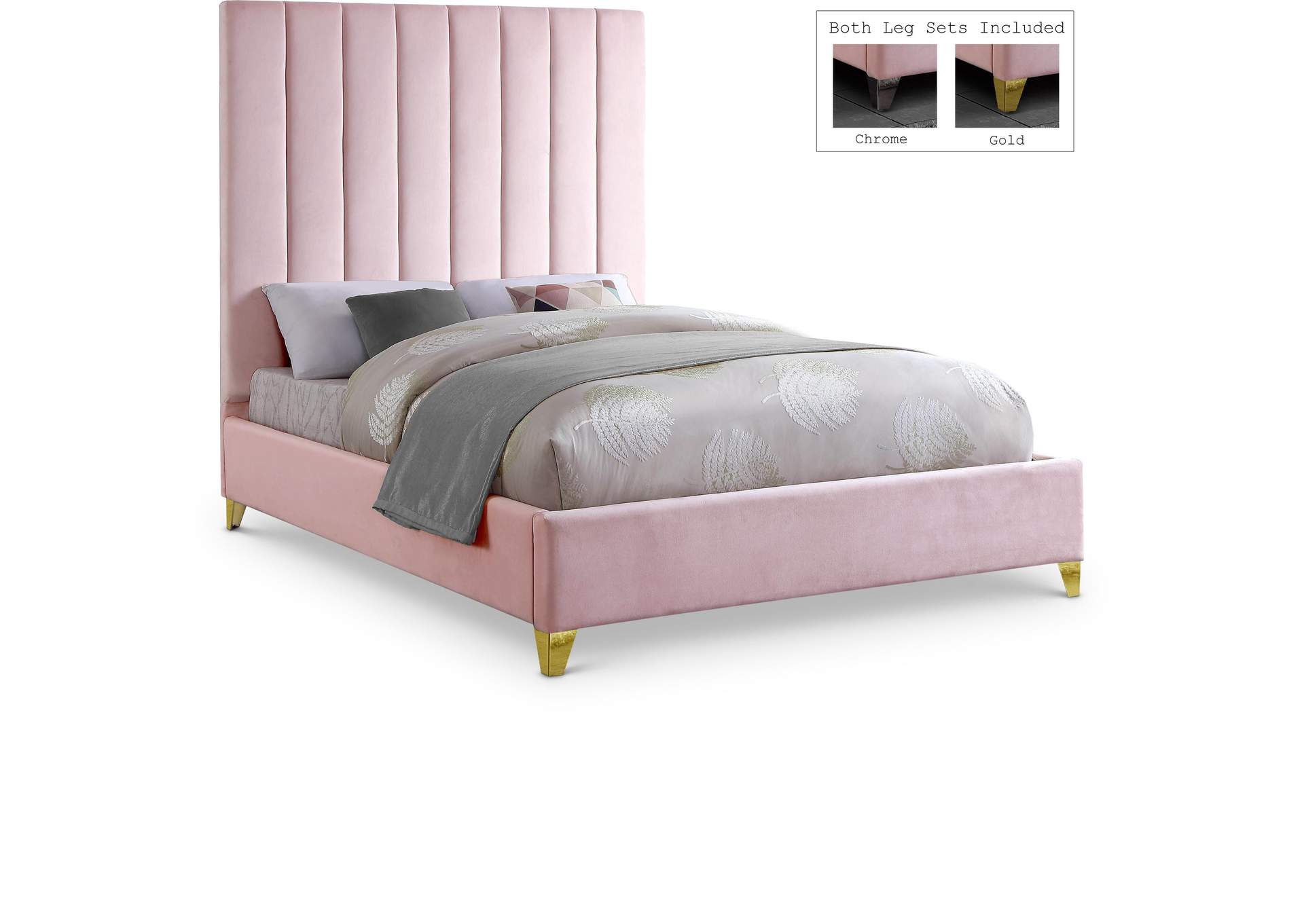 Via Pink Velvet Queen Bed,Meridian Furniture