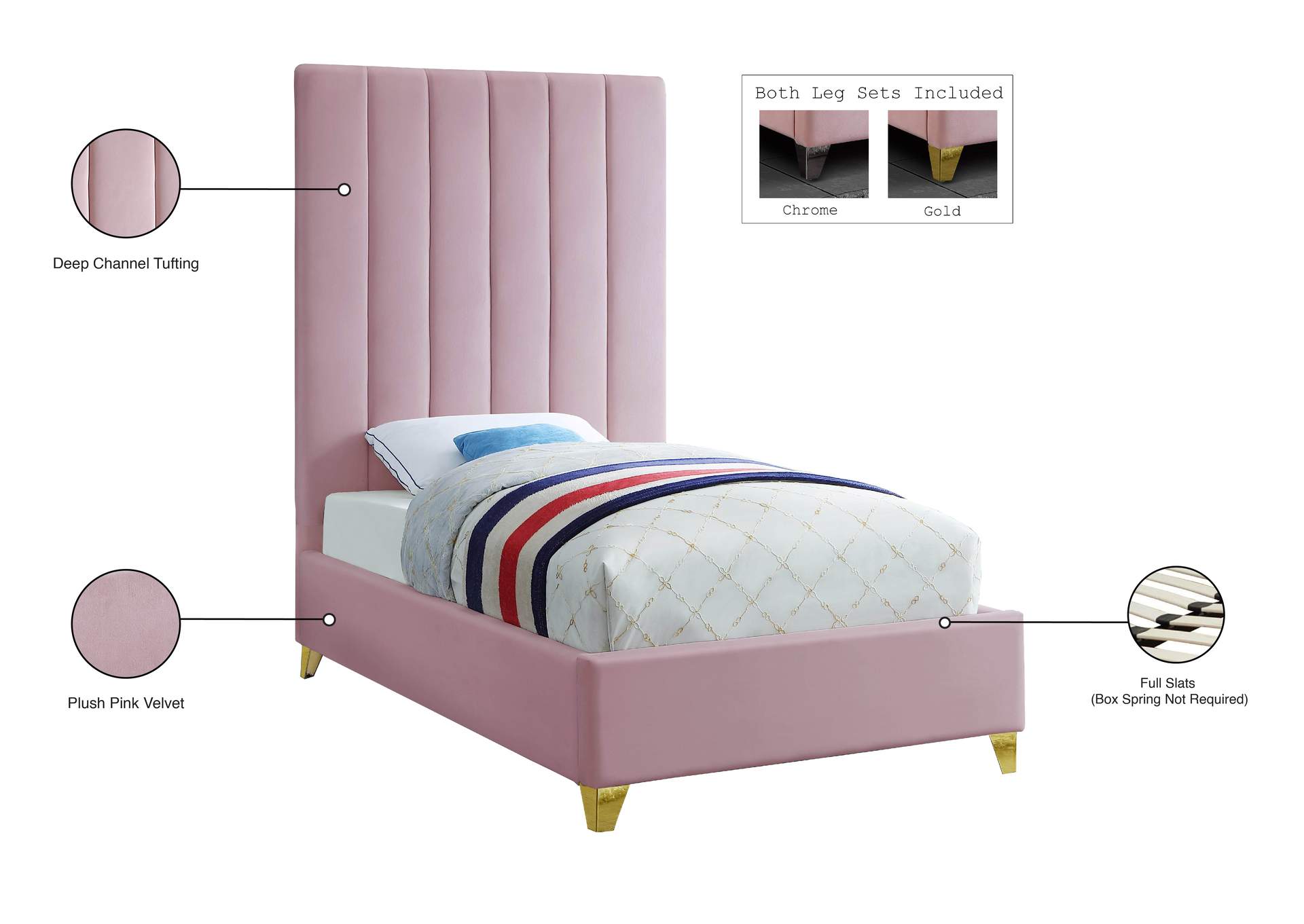 Via Pink Velvet Twin Bed,Meridian Furniture