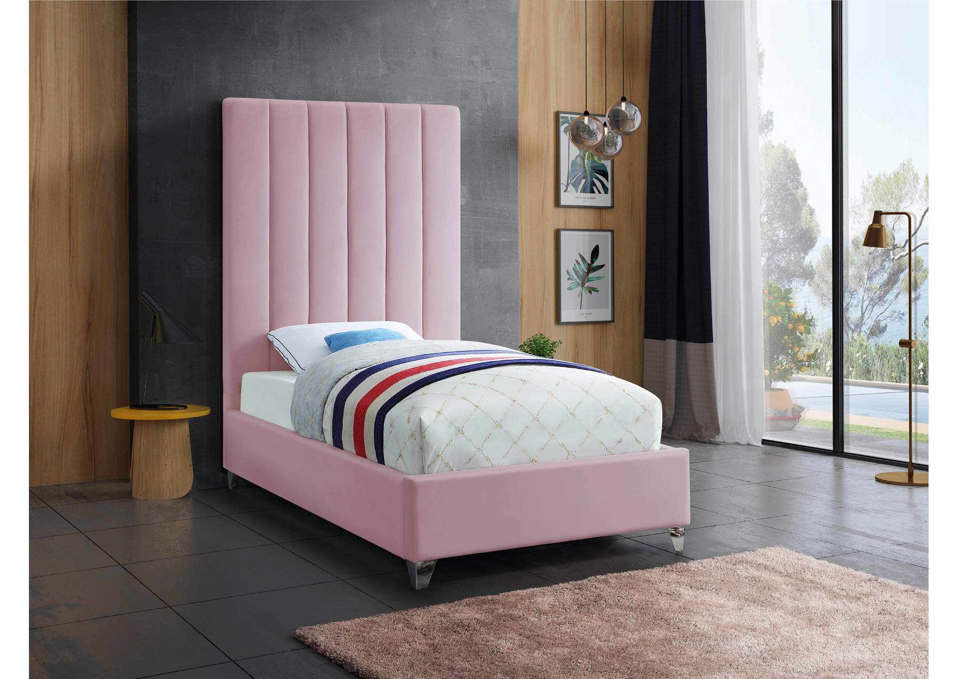 Via Pink Velvet Twin Bed,Meridian Furniture