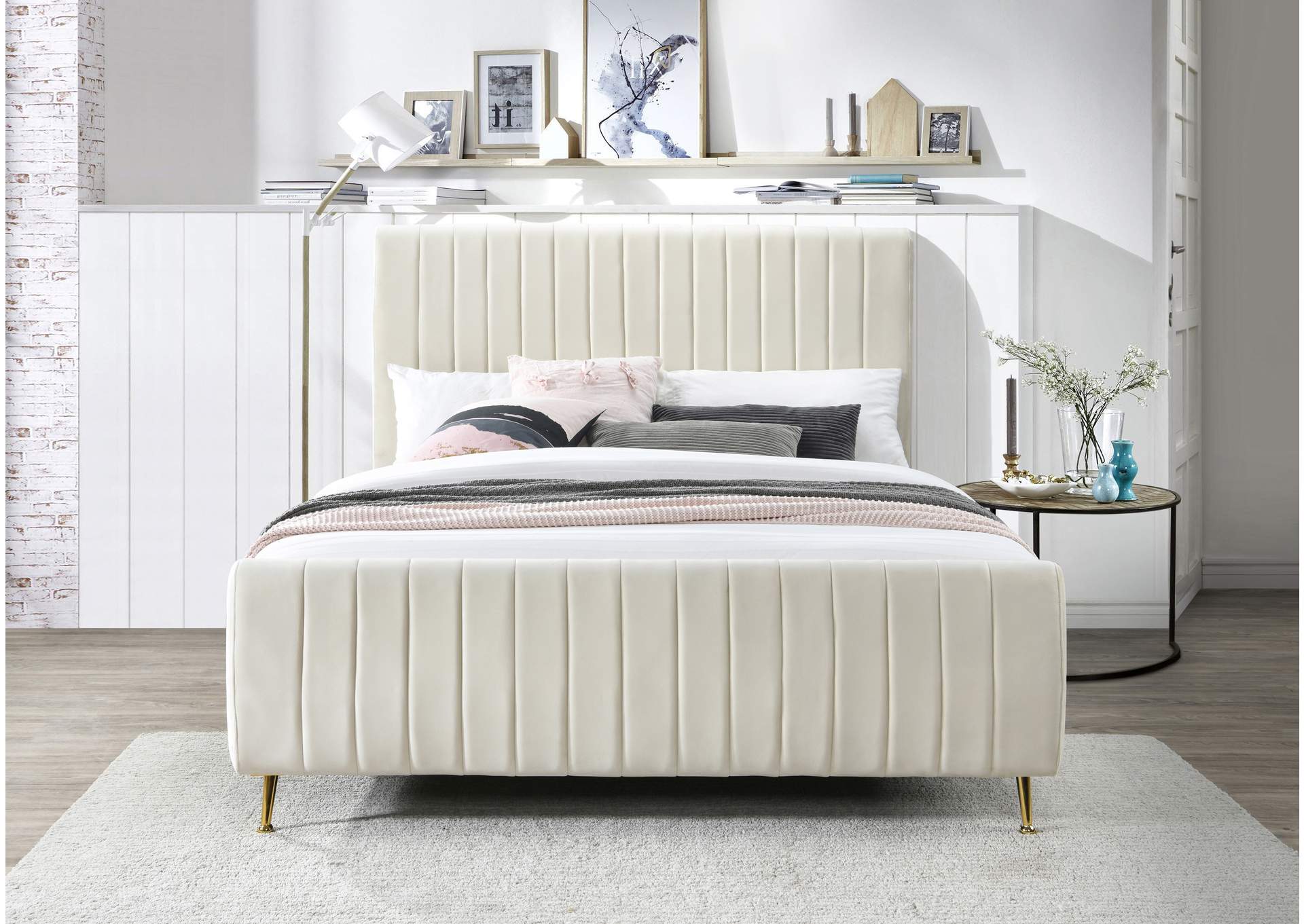 Zara Cream Velvet Full Bed (3 Boxes),Meridian Furniture