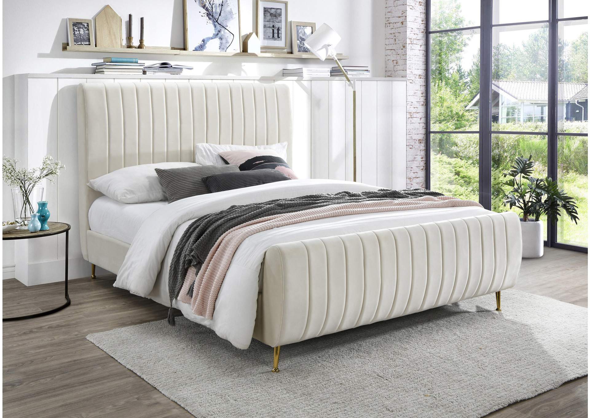 Zara Cream Velvet King Bed (3 Boxes),Meridian Furniture