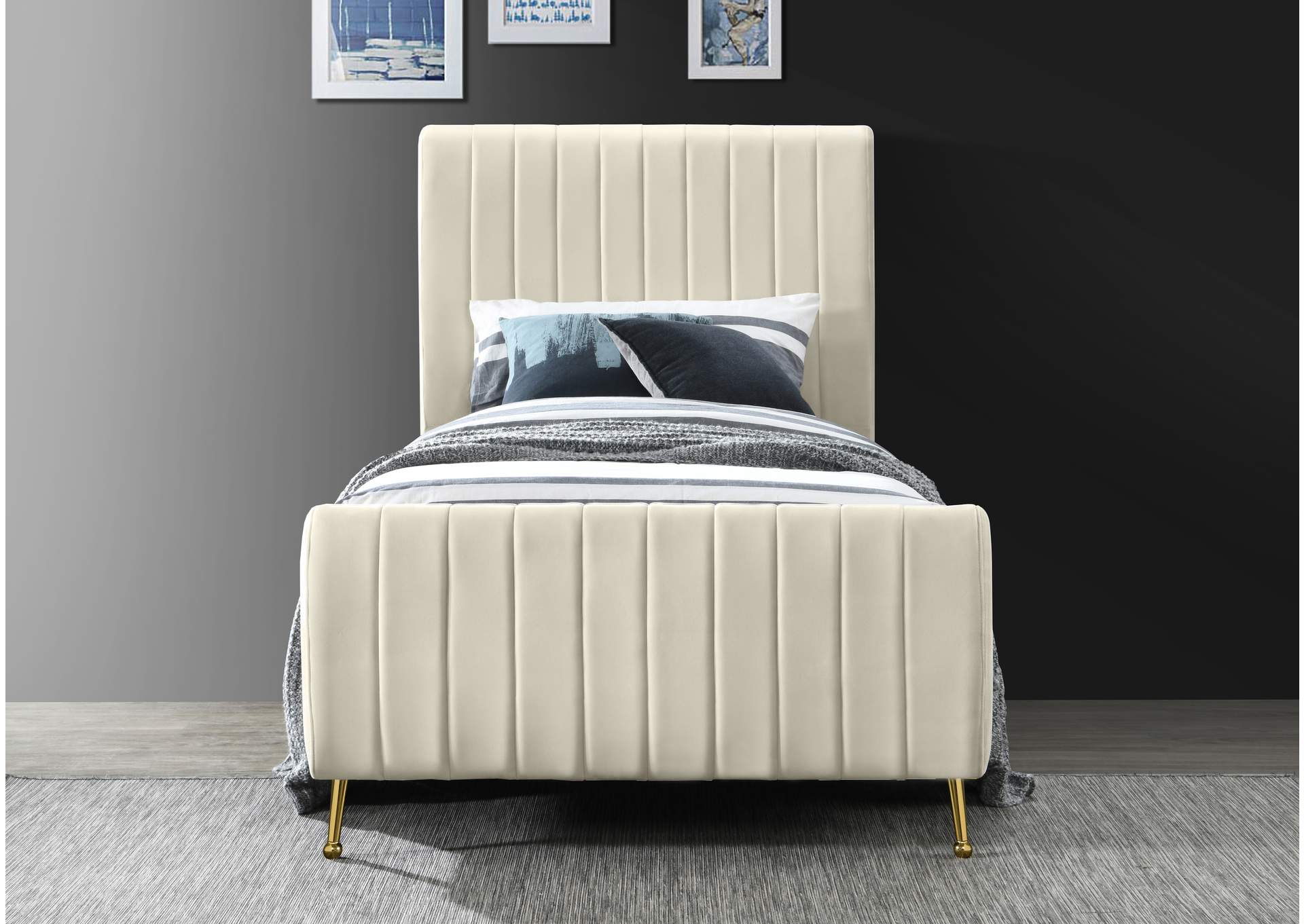 Zara Cream Velvet Twin Bed (3 Boxes),Meridian Furniture