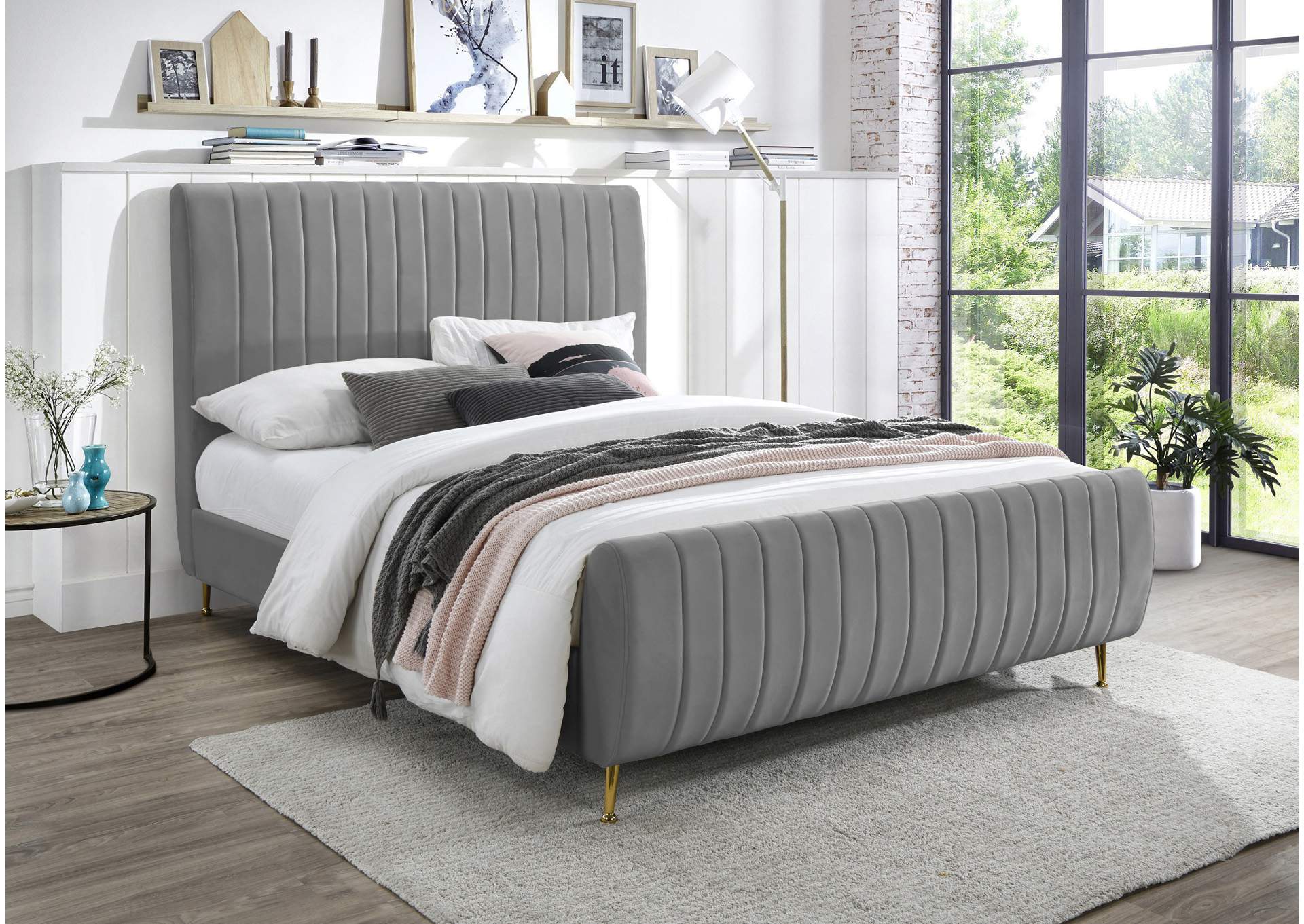 Zara Grey Velvet Full Bed (3 Boxes),Meridian Furniture