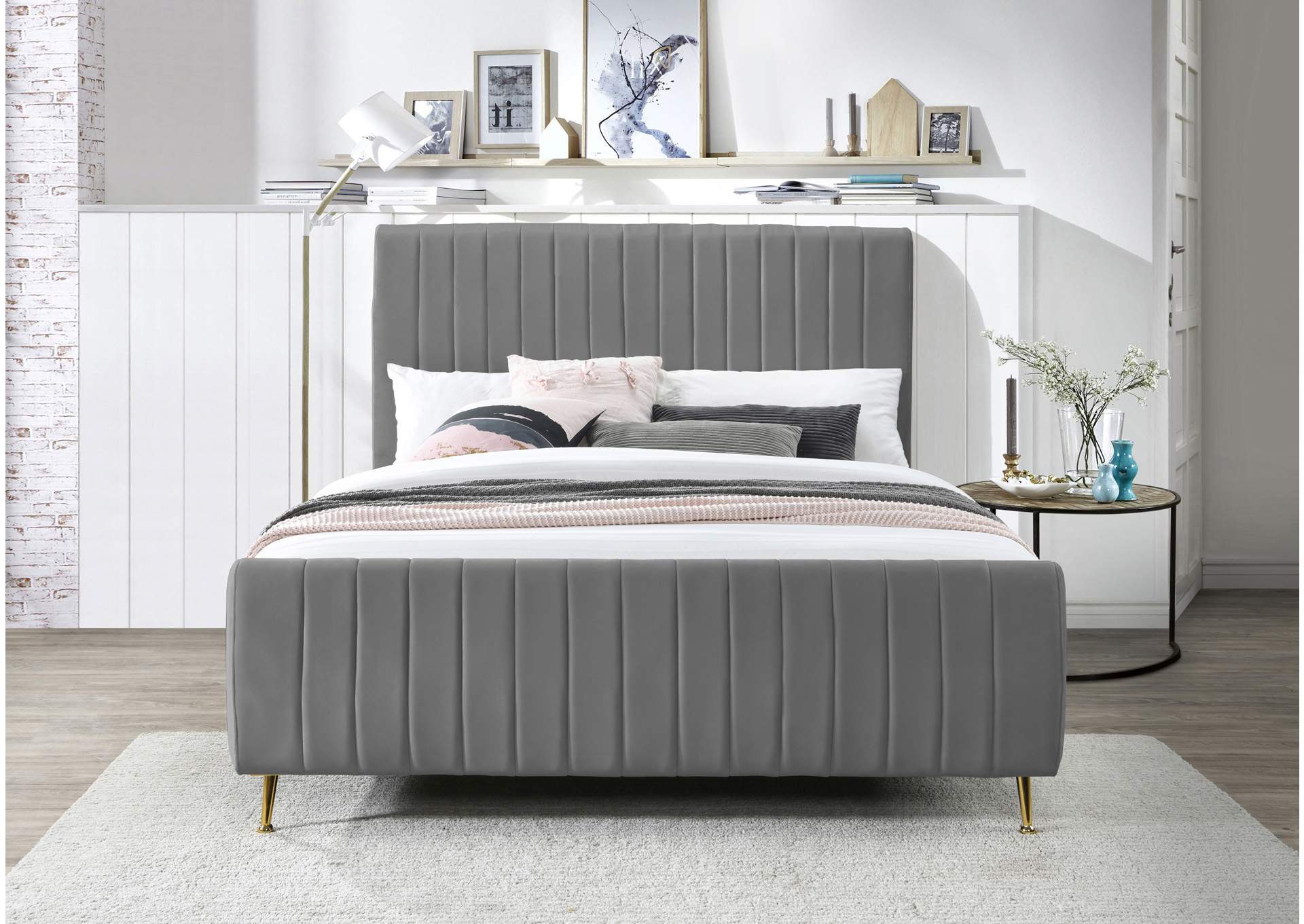 Zara Grey Velvet Full Bed (3 Boxes),Meridian Furniture