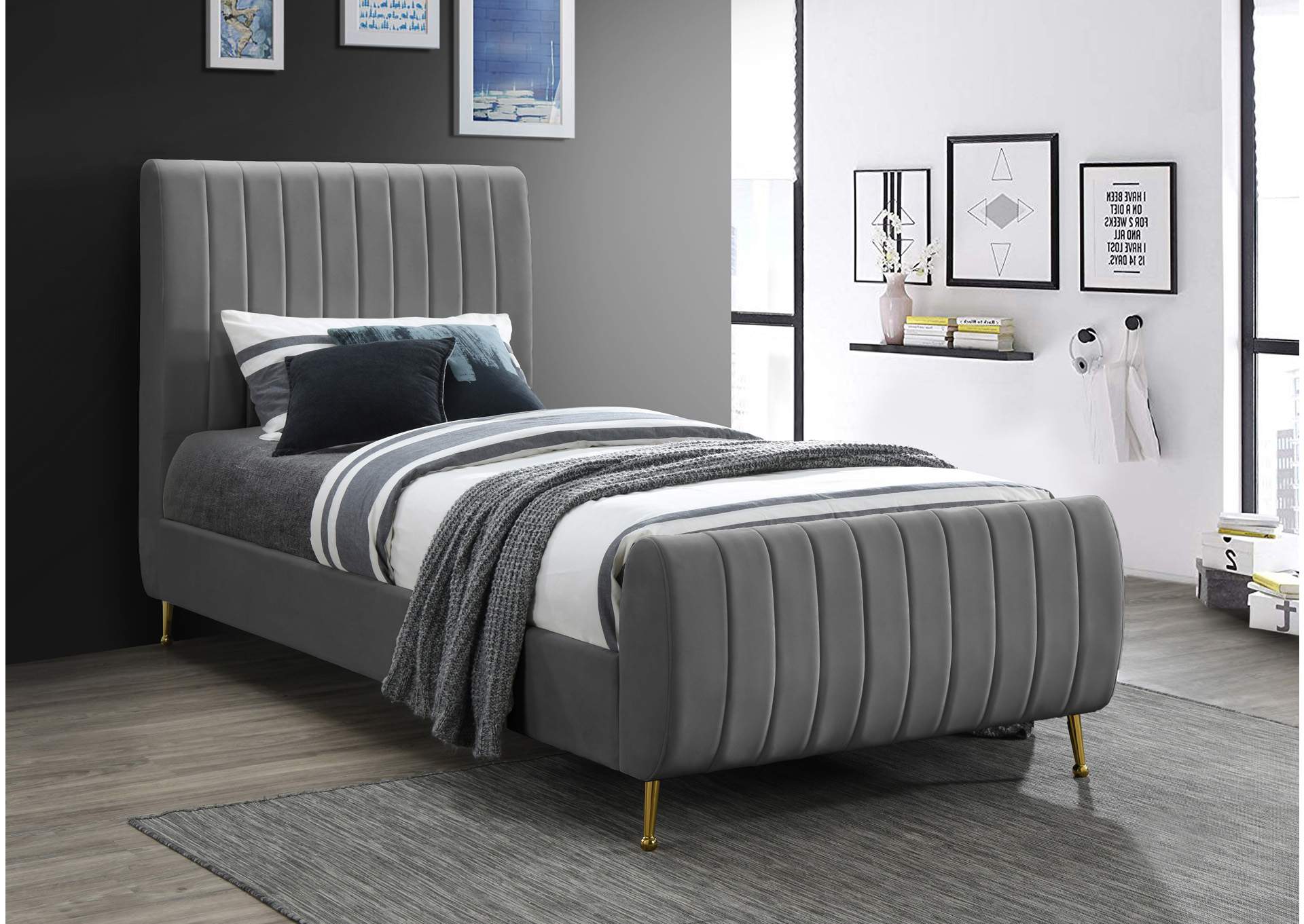 Zara Grey Velvet Twin Bed 3 Boxes, Grey Twin Bed