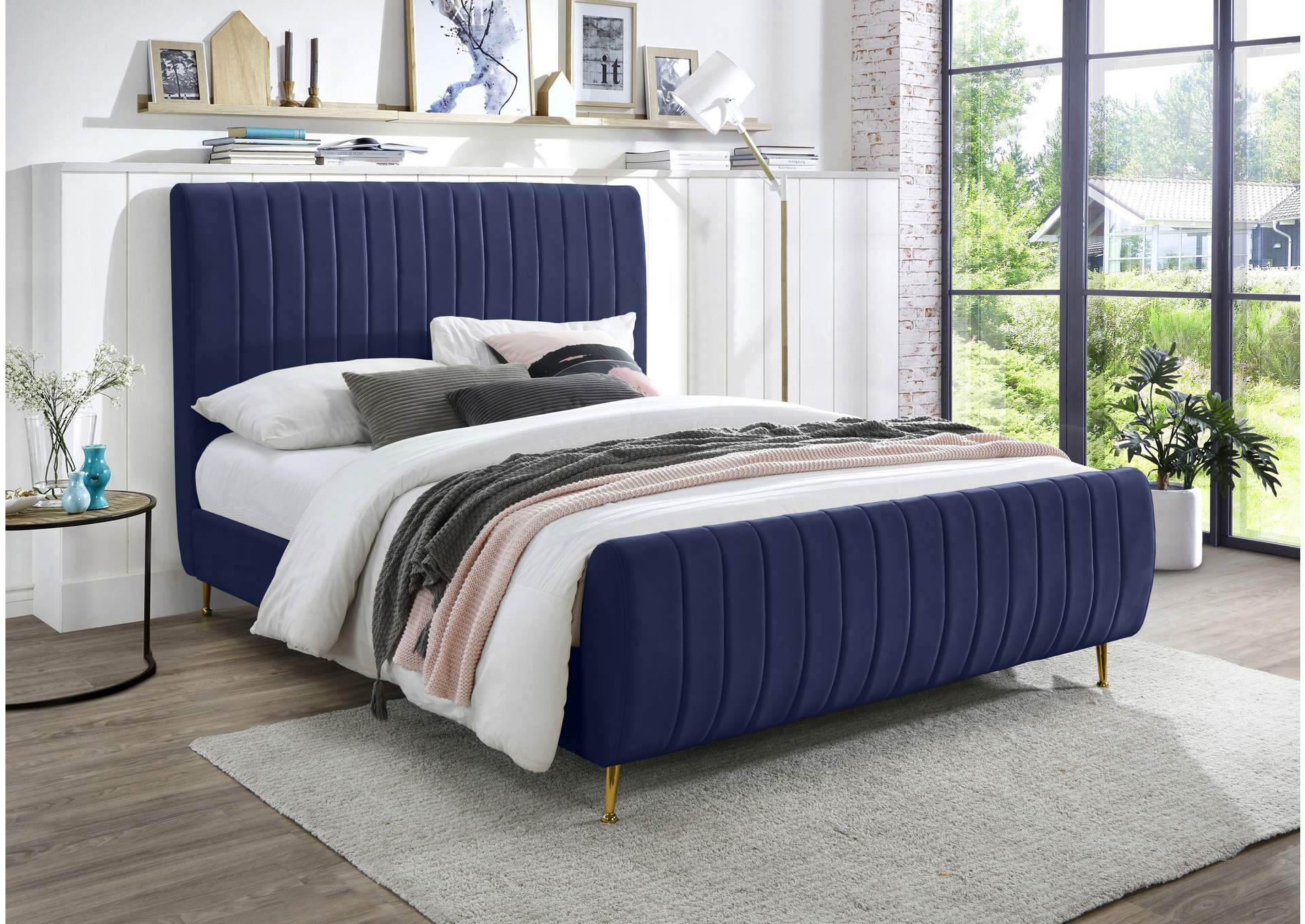 Zara Navy Velvet Full Bed (3 Boxes),Meridian Furniture