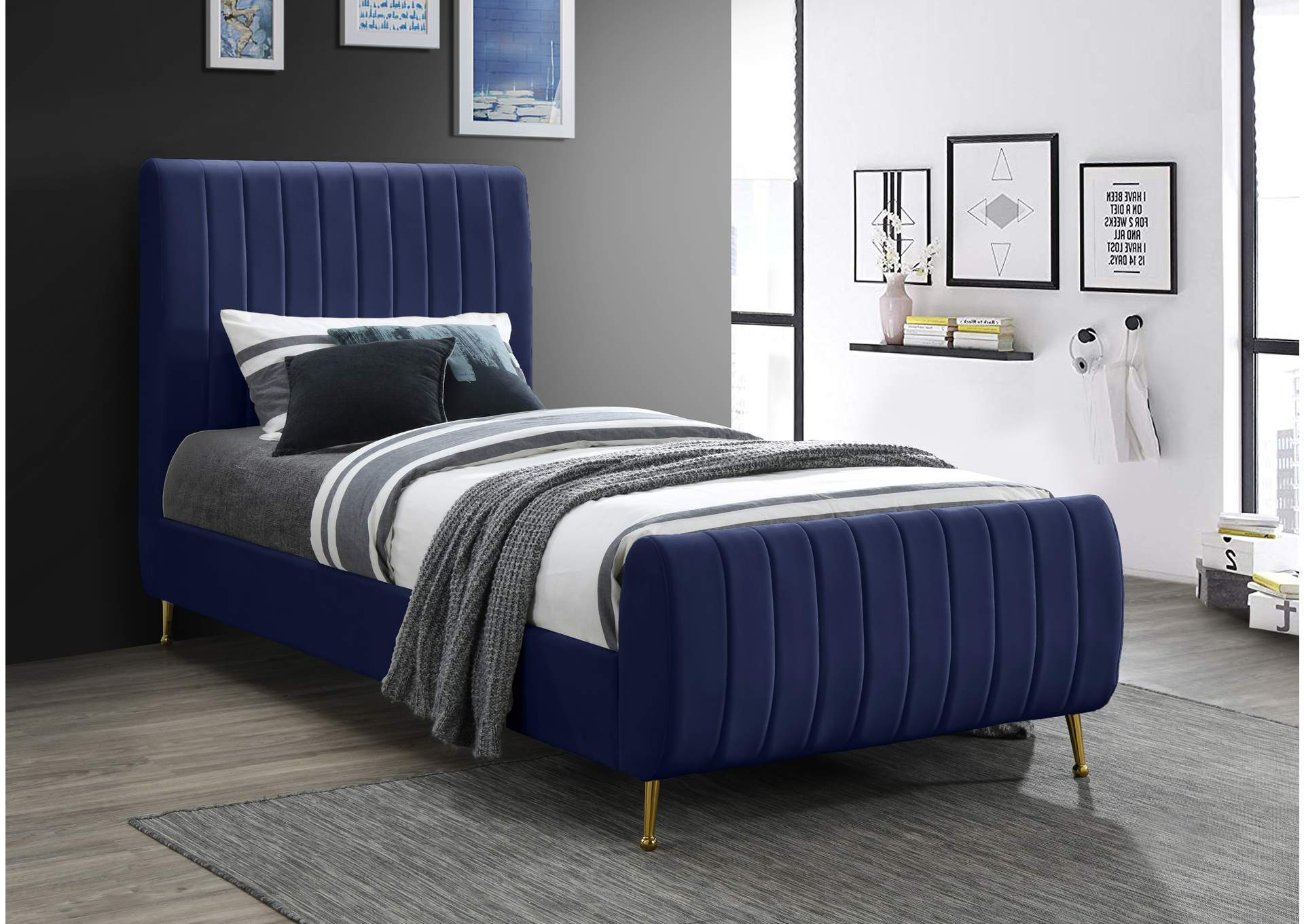 Zara Navy Velvet Twin Bed (3 Boxes),Meridian Furniture