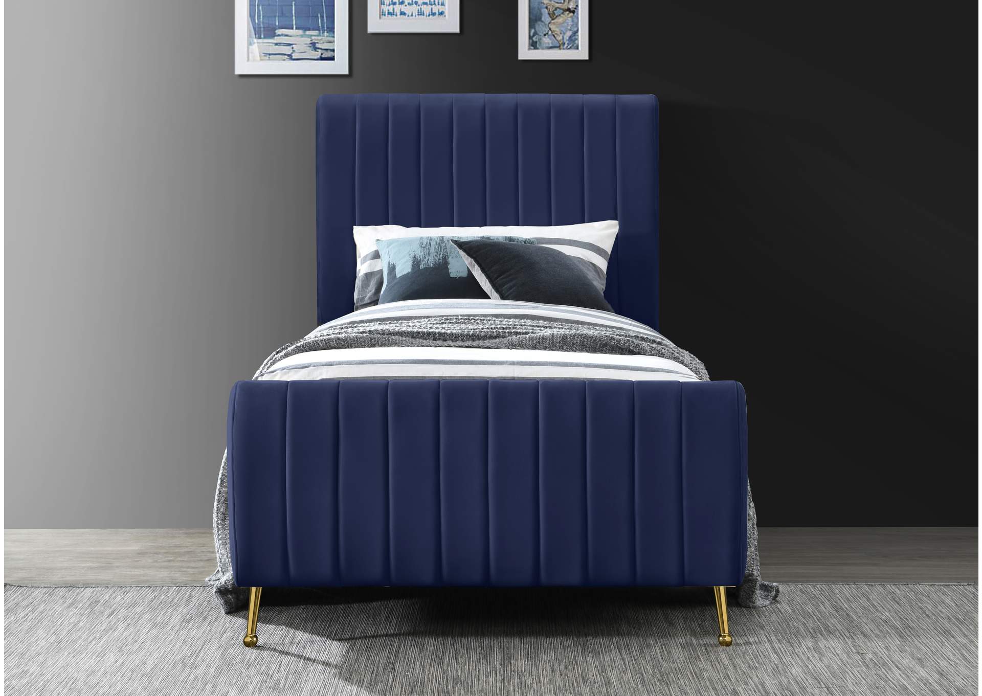 Zara Navy Velvet Twin Bed (3 Boxes),Meridian Furniture