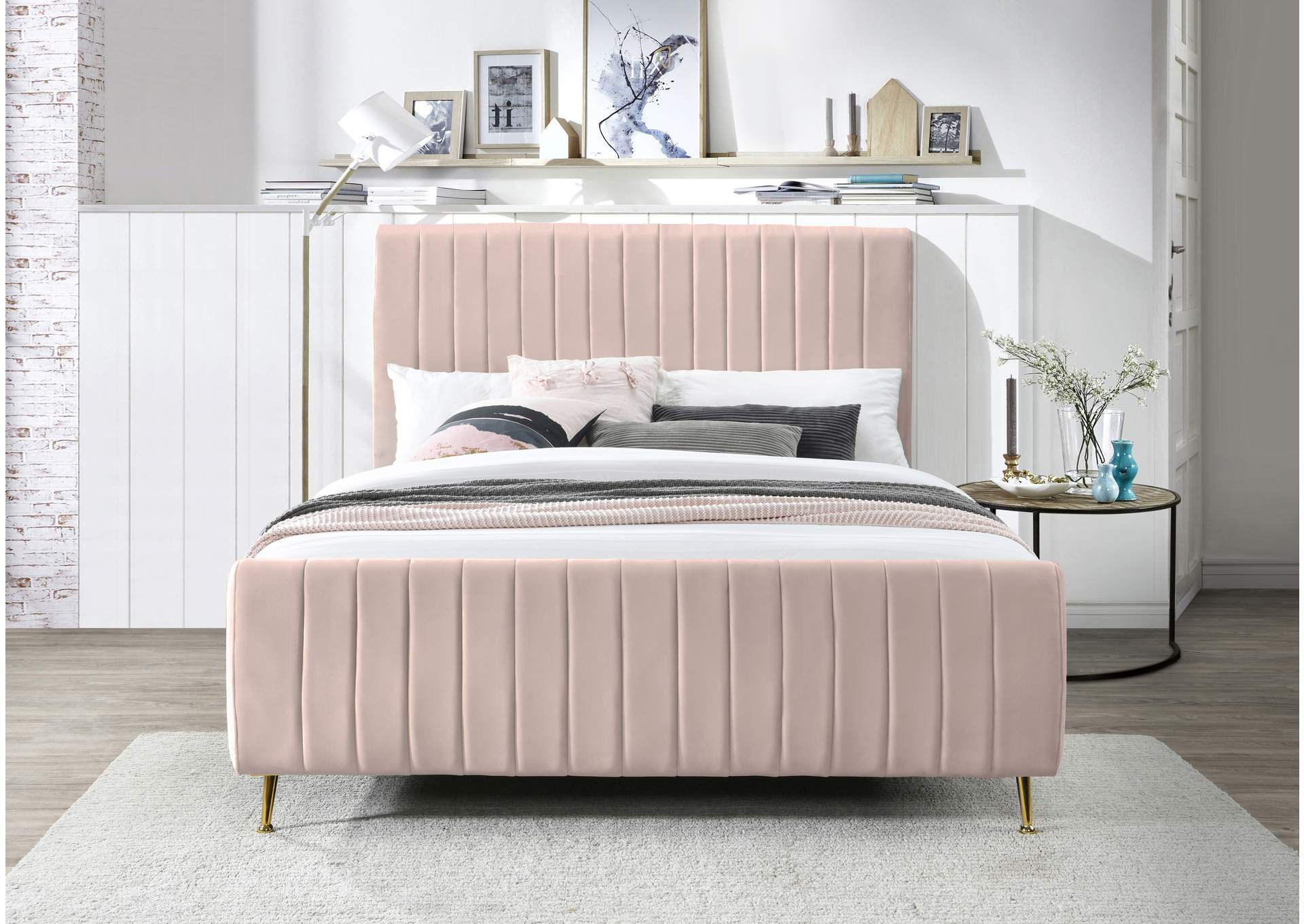 Zara Pink Velvet Full Bed (3 Boxes),Meridian Furniture