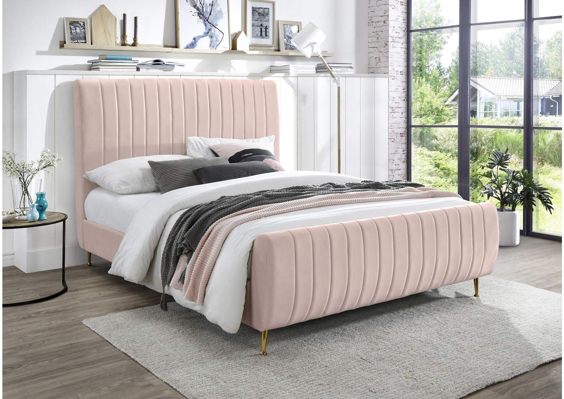 Zara Pink Velvet King Bed 3 Boxes, Pink King Size Bed